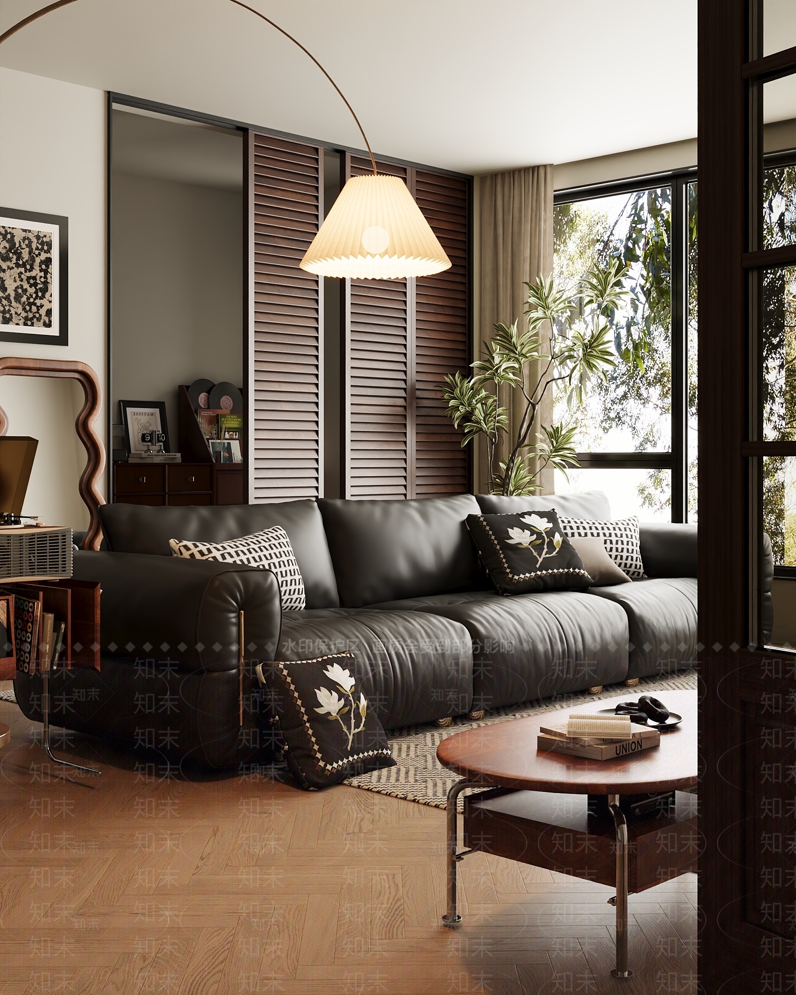 现代中古风三人沙发茶几落地灯组合客厅3D模型下载【ID:1160130375】