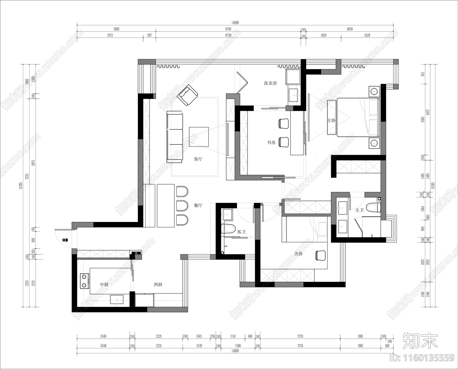 现代家装平面方案大平层名宿室内平面方案cad施工图下载【ID:1160135559】