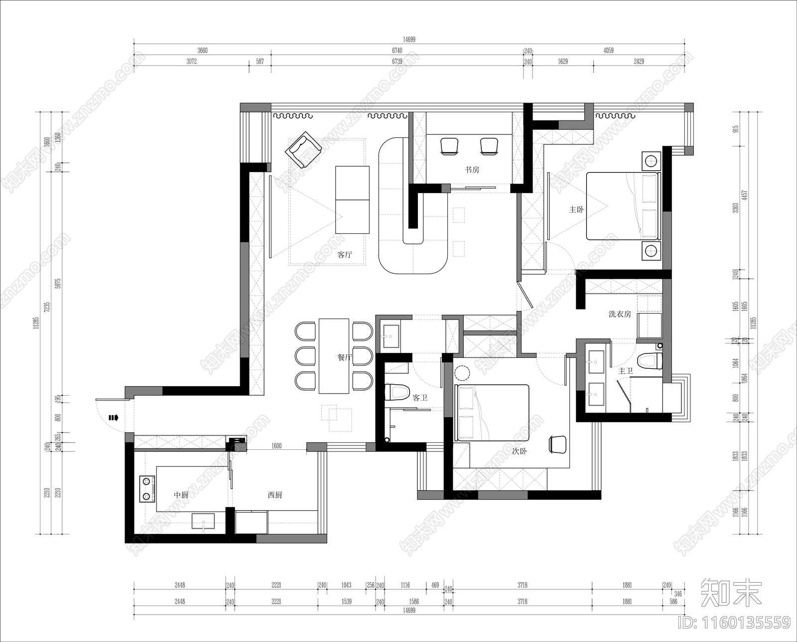 现代家装平面方案大平层名宿室内平面方案cad施工图下载【ID:1160135559】