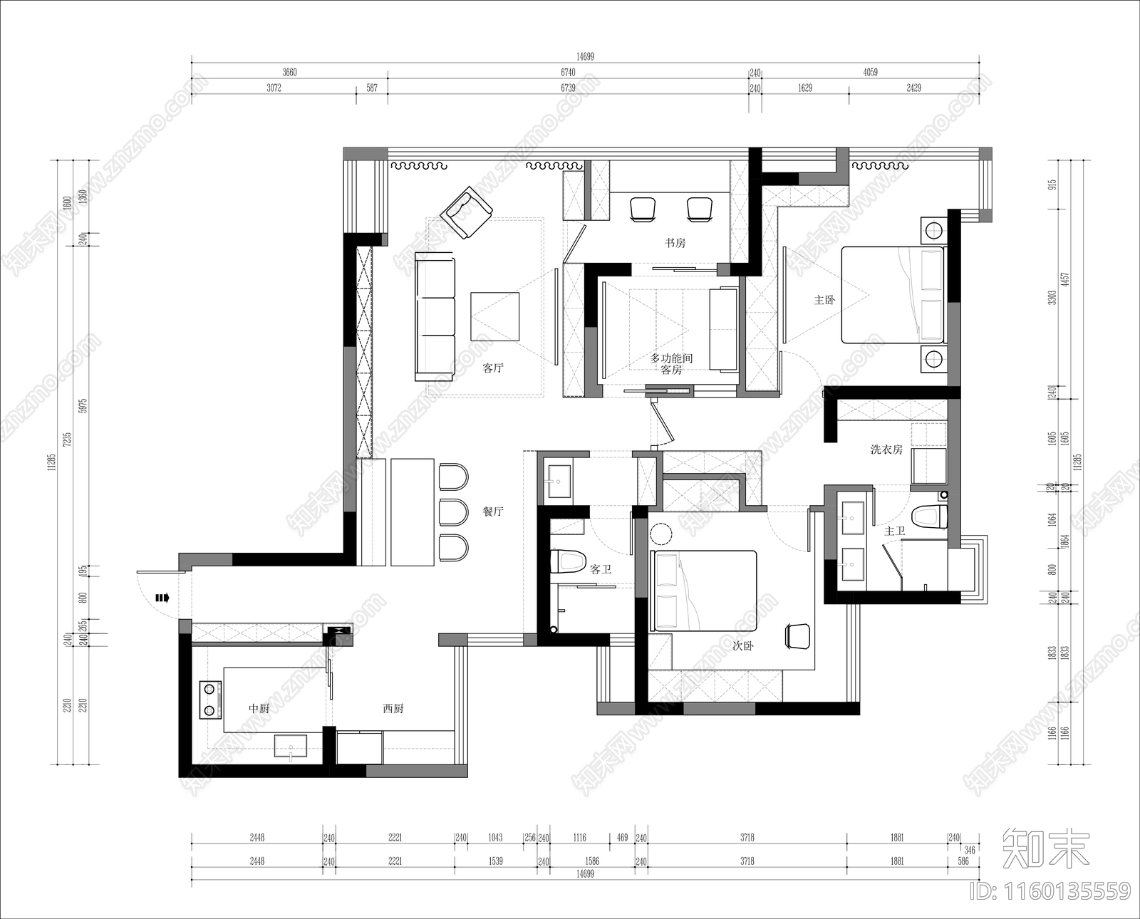 现代家装平面方案大平层名宿室内平面方案cad施工图下载【ID:1160135559】