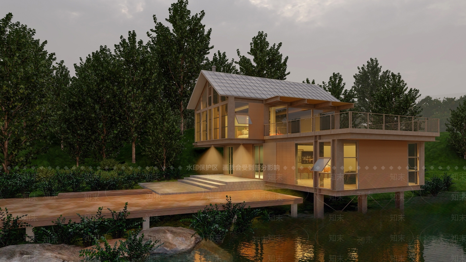 滨水民宿度假村酒店中式现代别墅客栈旅游创意外观建筑SU模型下载【ID:1160141630】