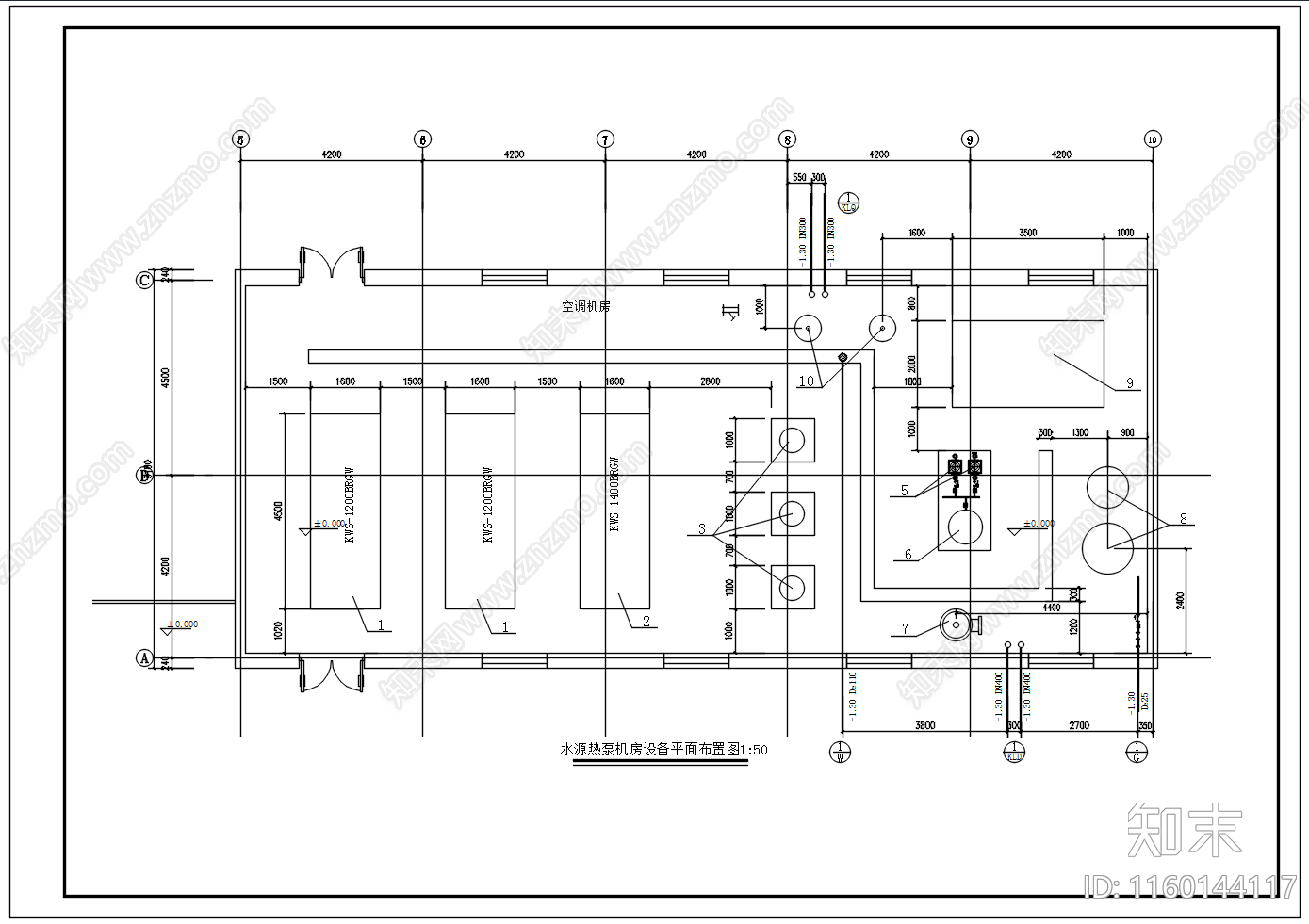 商场水源热泵系统图机房设备布置图cad施工图下载【ID:1160144117】