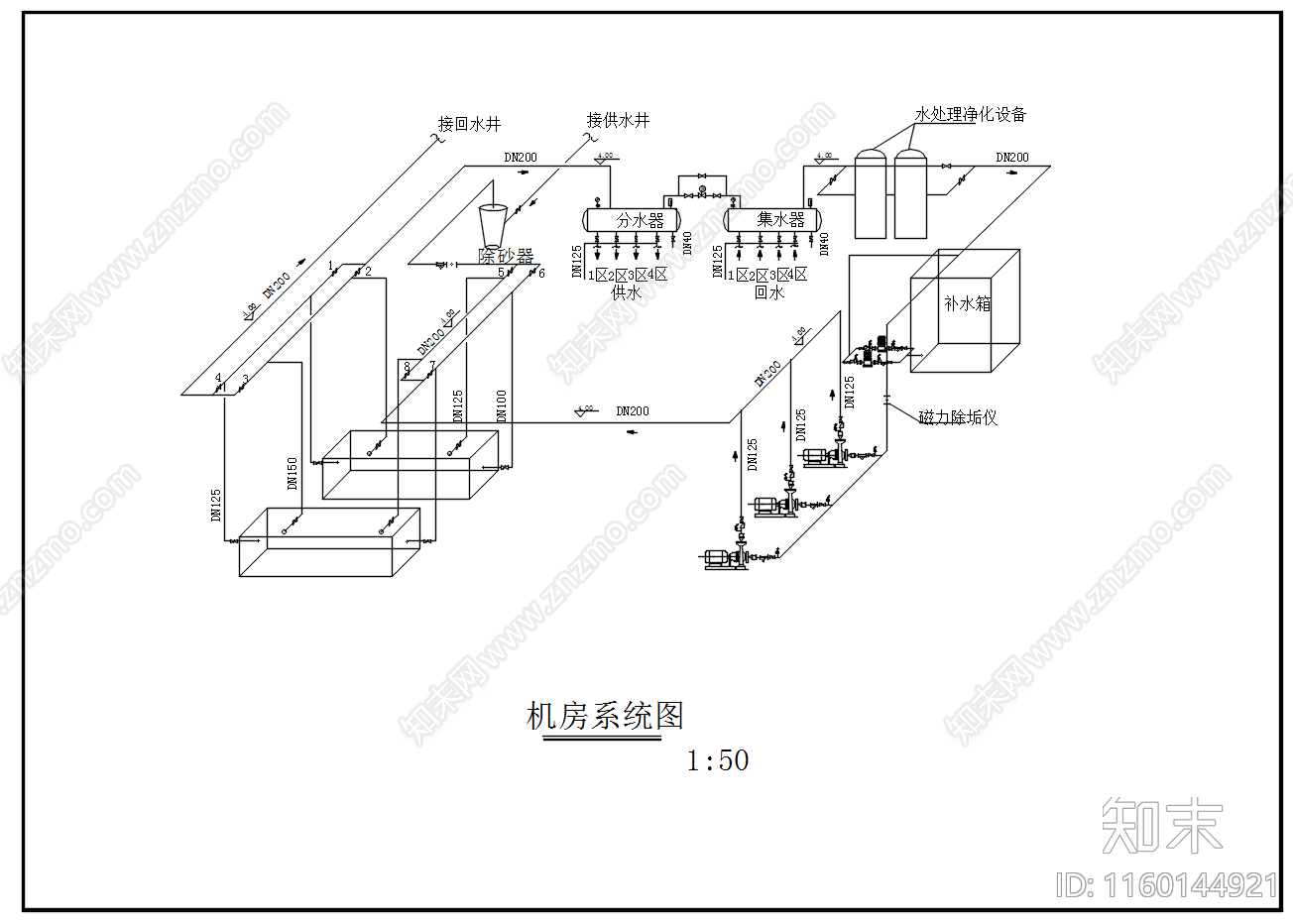 宾馆水源热泵机房设备系统图cad施工图下载【ID:1160144921】