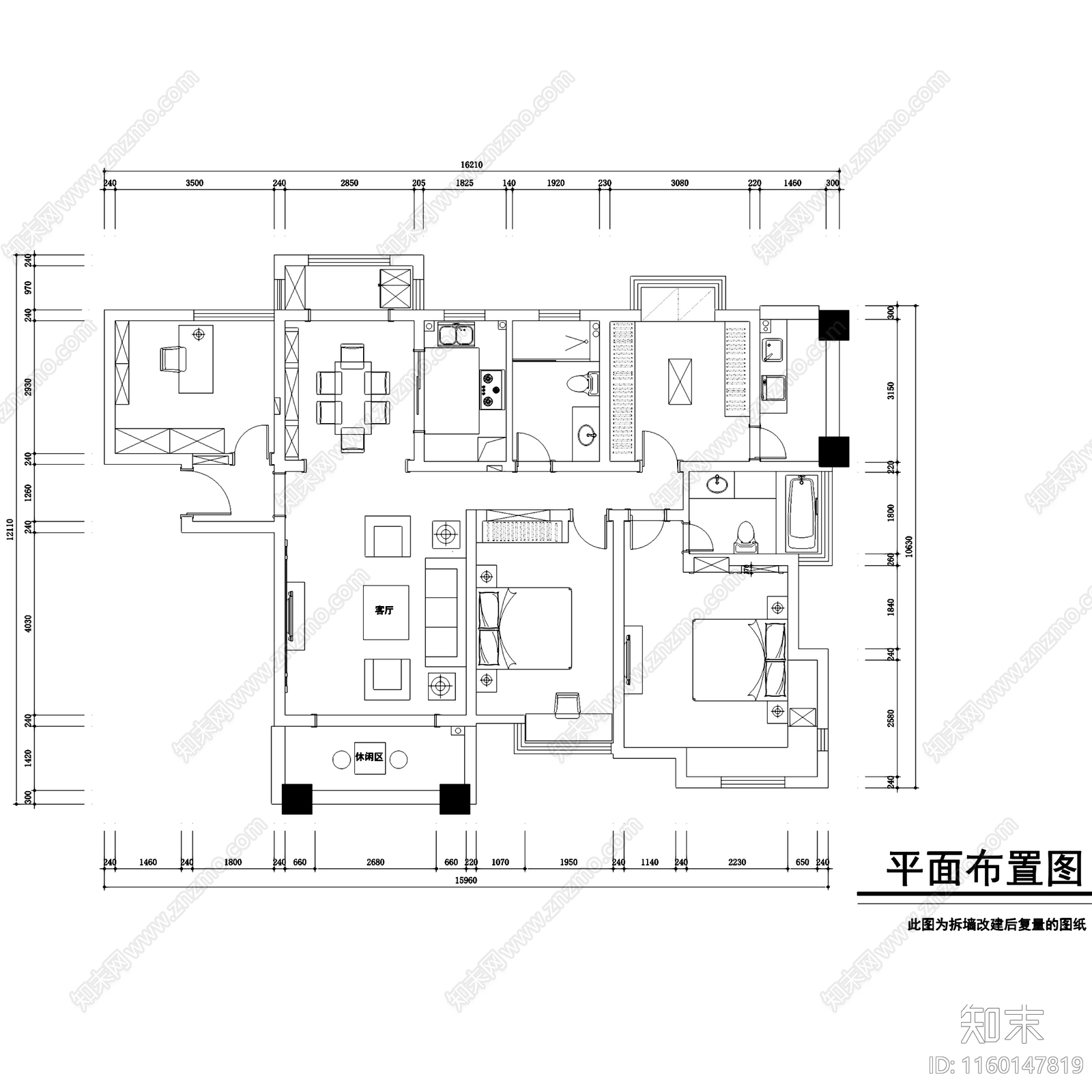 中南世纪城美式三室两厅两卫室内家装CAcad施工图下载【ID:1160147819】