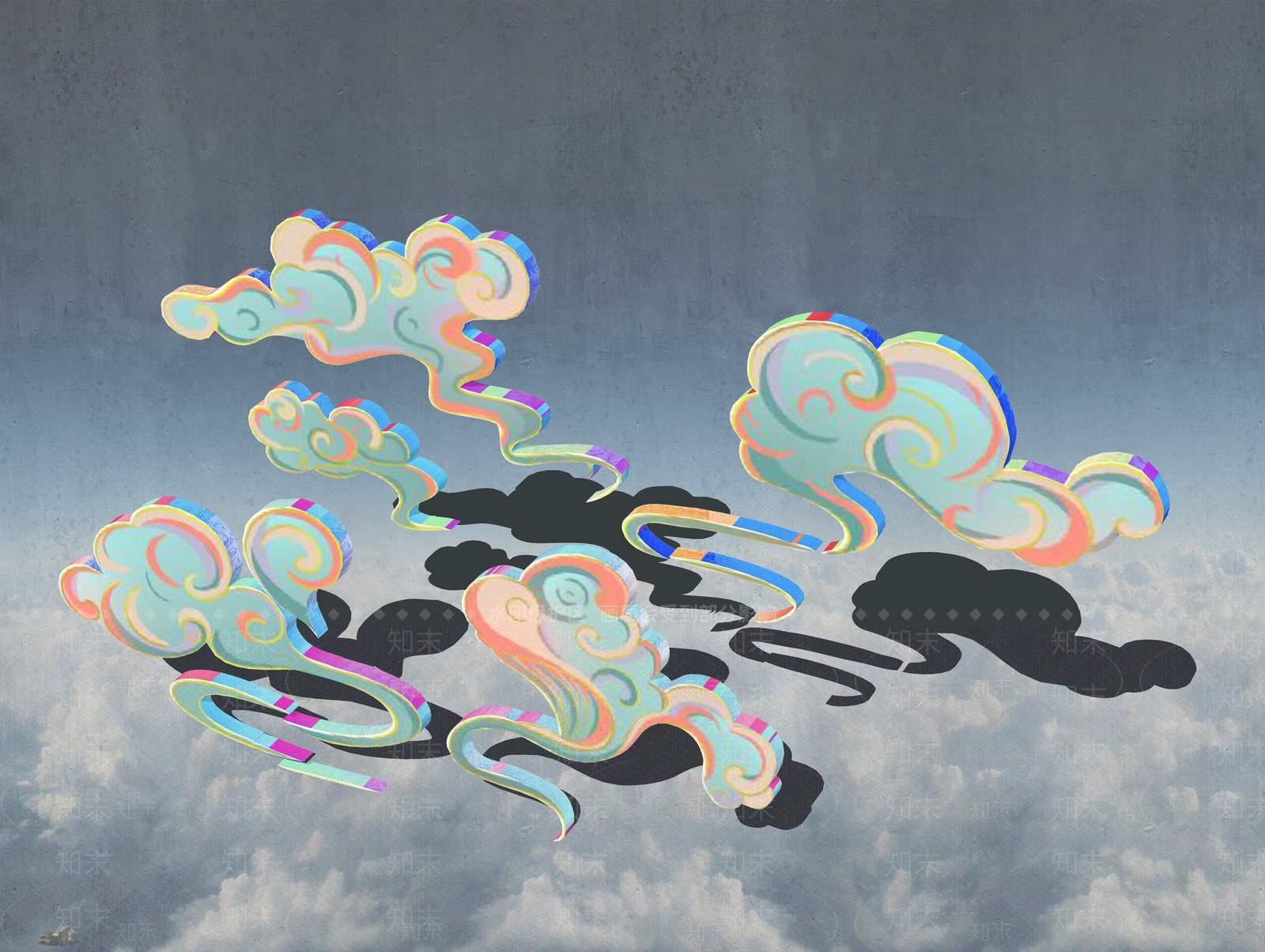 彩色云朵纹样雕塑SU模型下载【ID:1160154411】