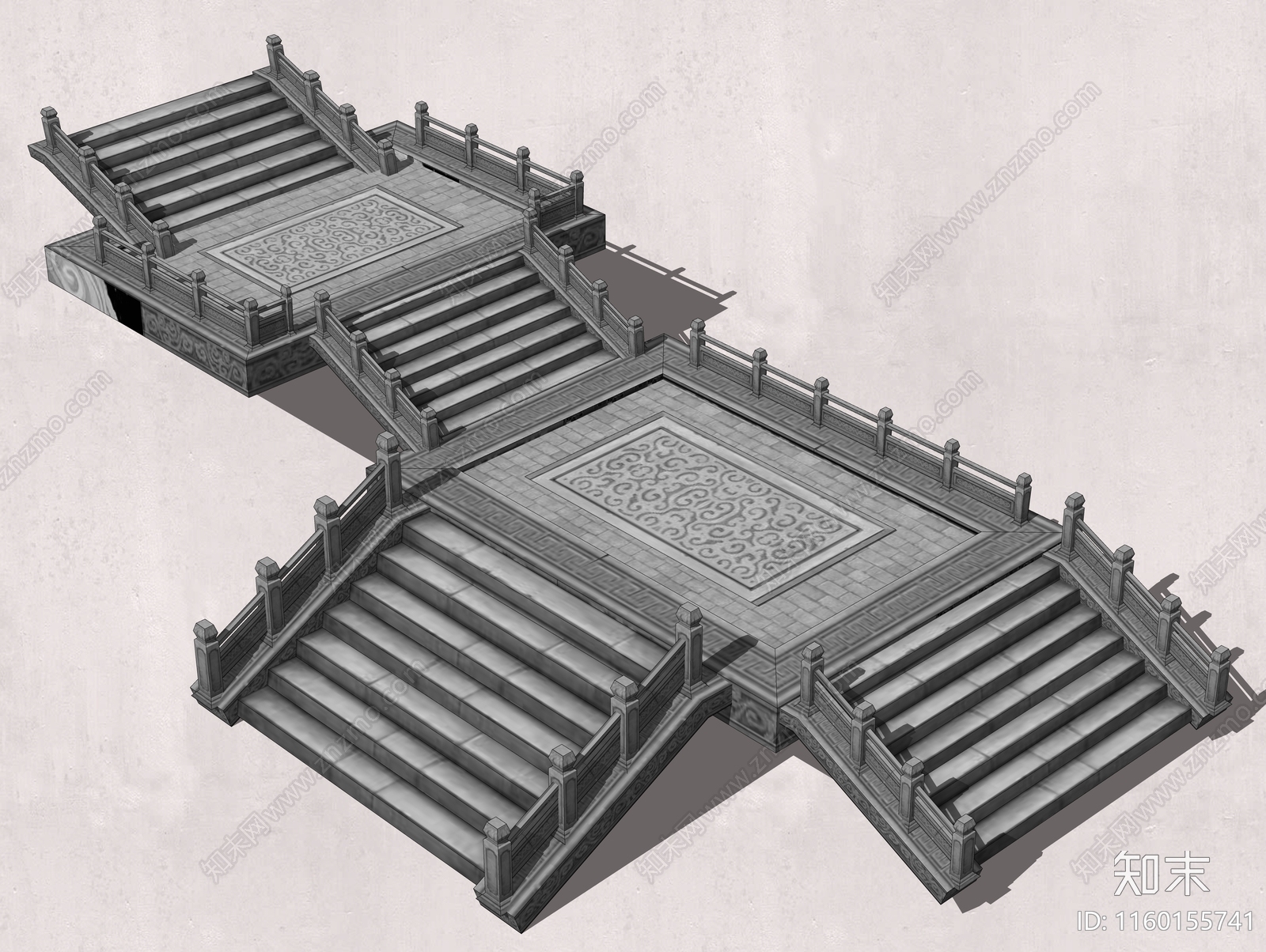 中式古典石砌栏杆台阶SU模型下载【ID:1160155741】