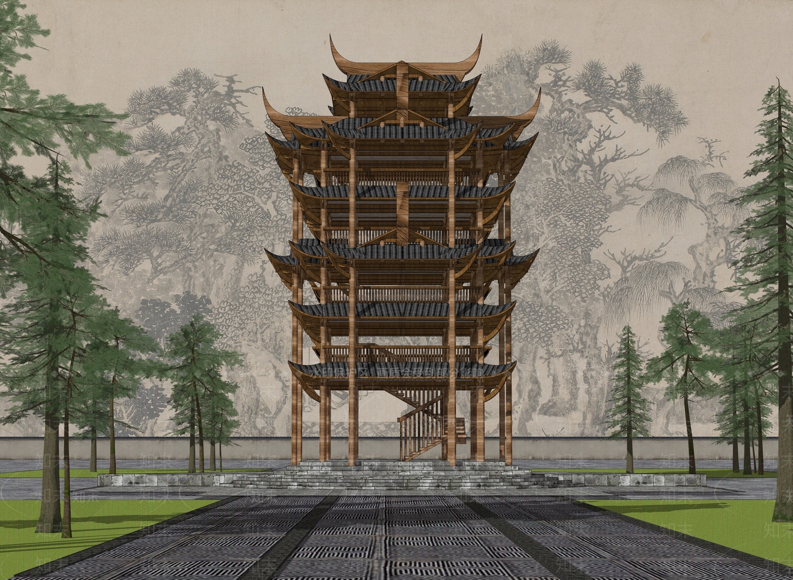 中式观景塔楼SU模型下载【ID:1160155959】