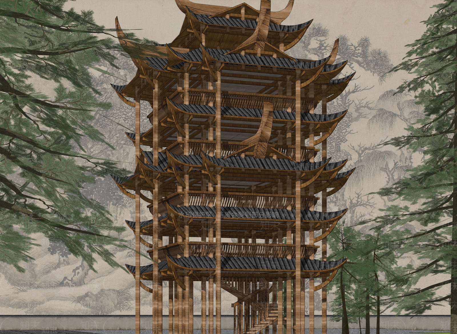 中式观景塔楼SU模型下载【ID:1160155959】