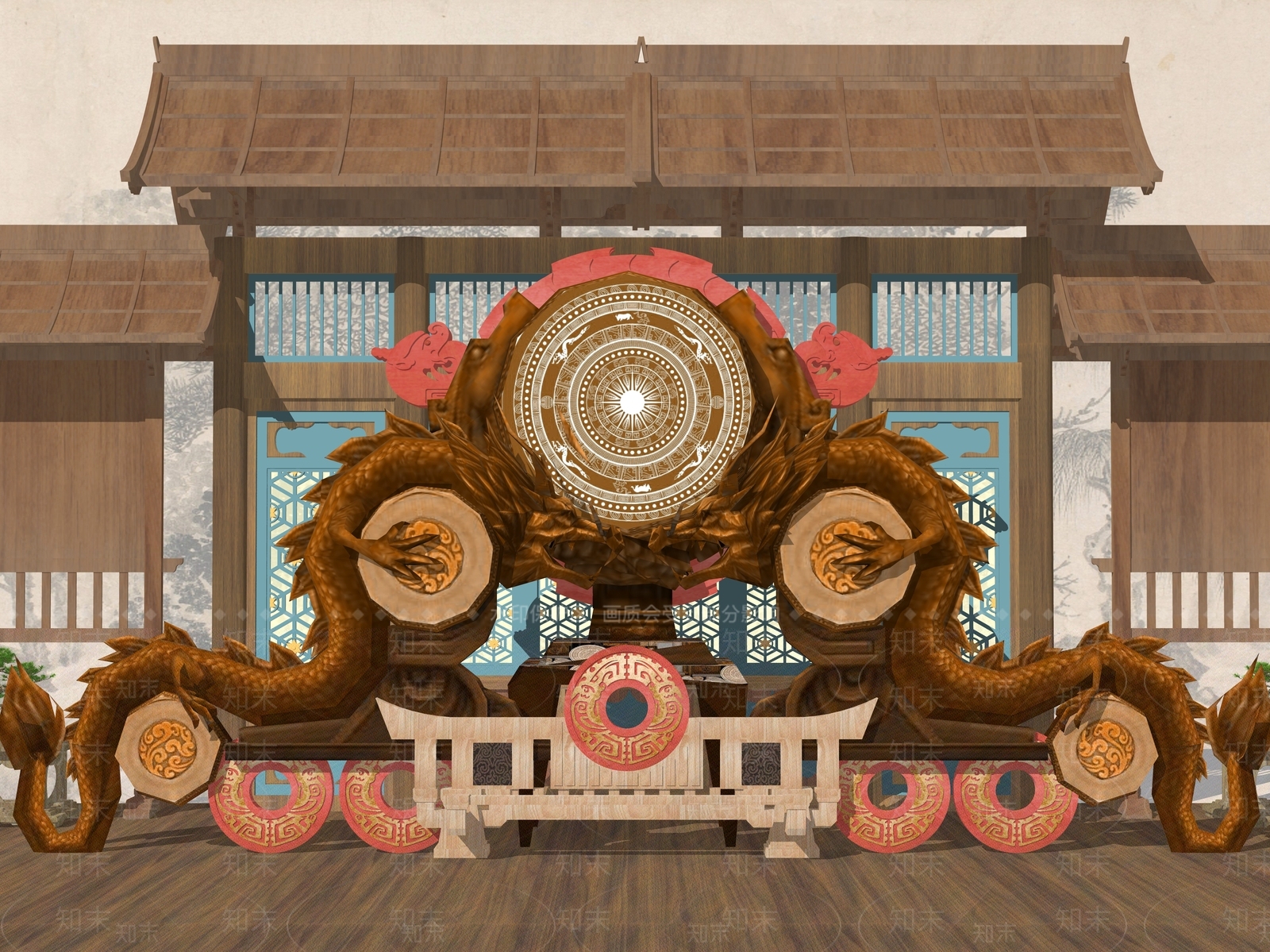 中式龙形乐鼓雕塑SU模型下载【ID:1160156154】