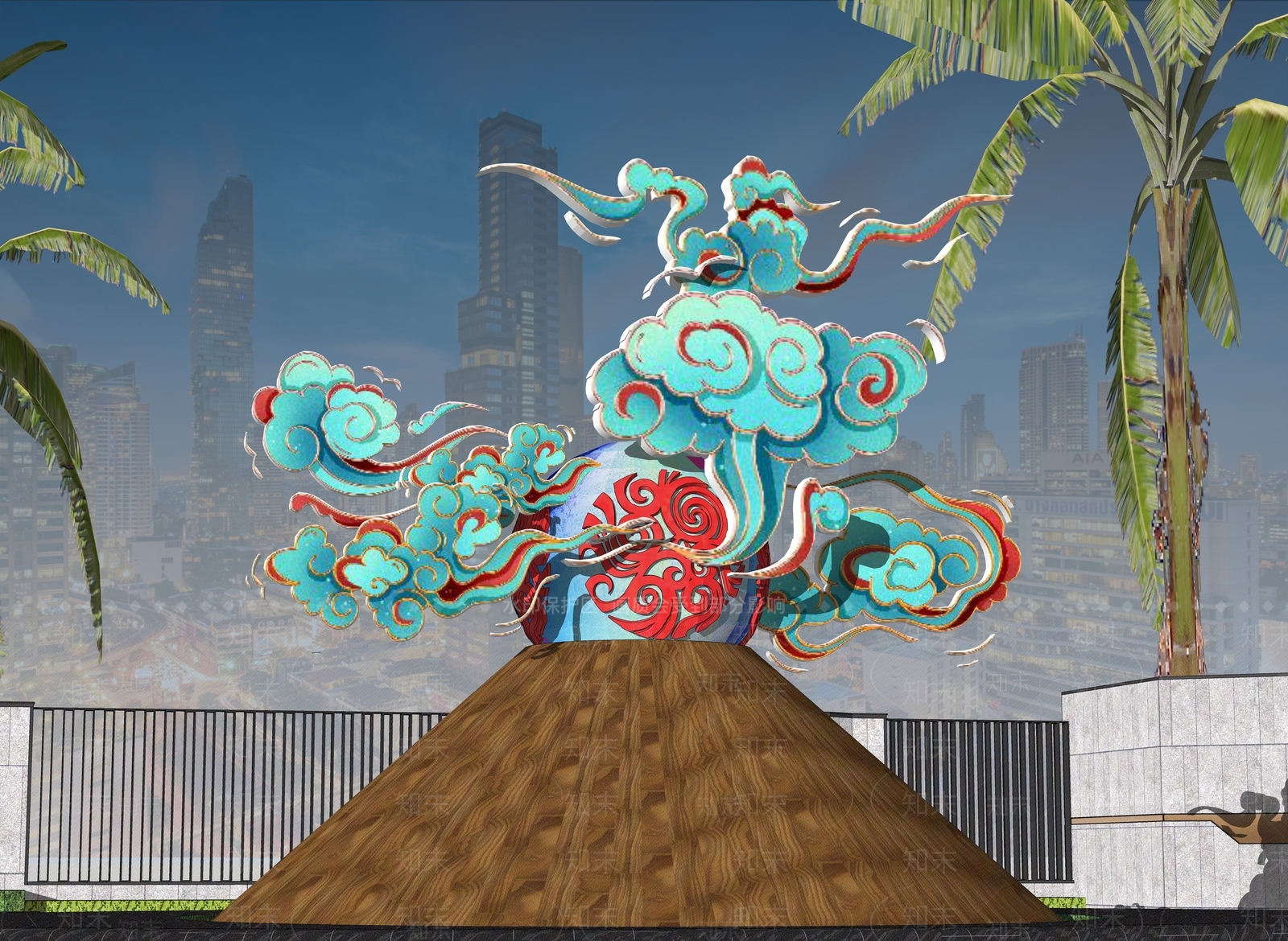 中式云朵纹样雕塑SU模型下载【ID:1160156519】