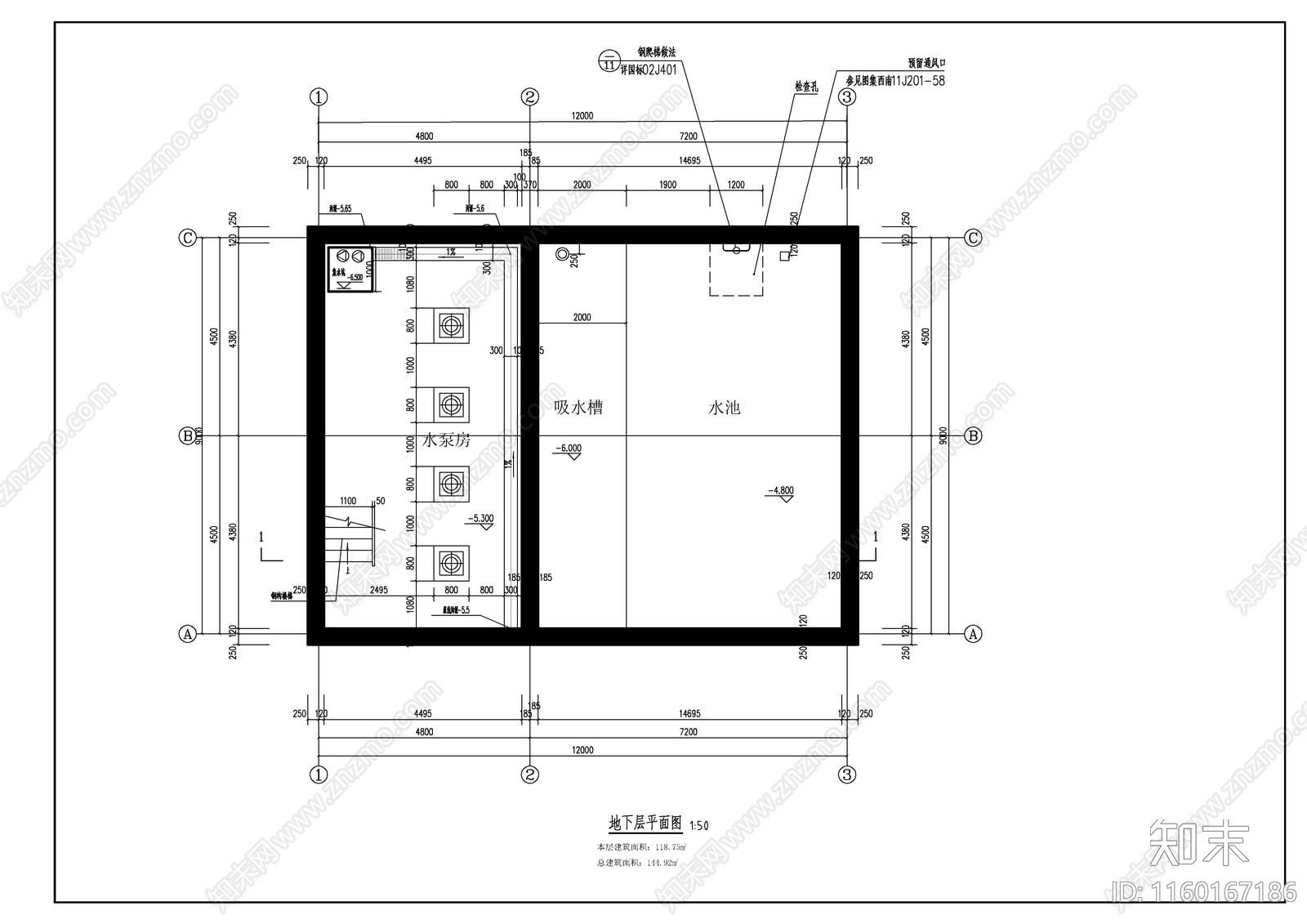 消防水泵房建cad施工图下载【ID:1160167186】