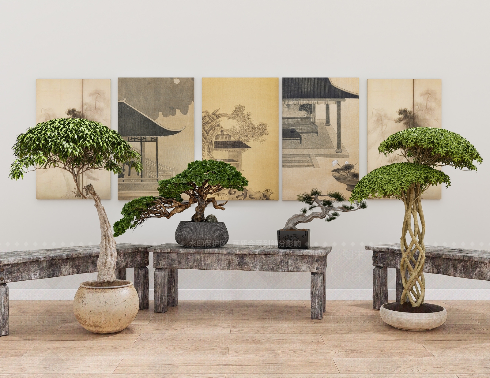 新中式松树伞形盆景盆栽SU模型下载【ID:1160169430】