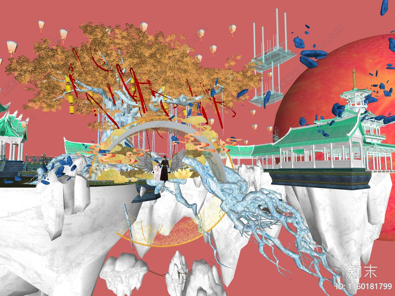 网红打卡国潮古风月亮秋千赛博朋克宇宙穿越梦幻仙侠仙境SU模型下载【ID:1160181799】