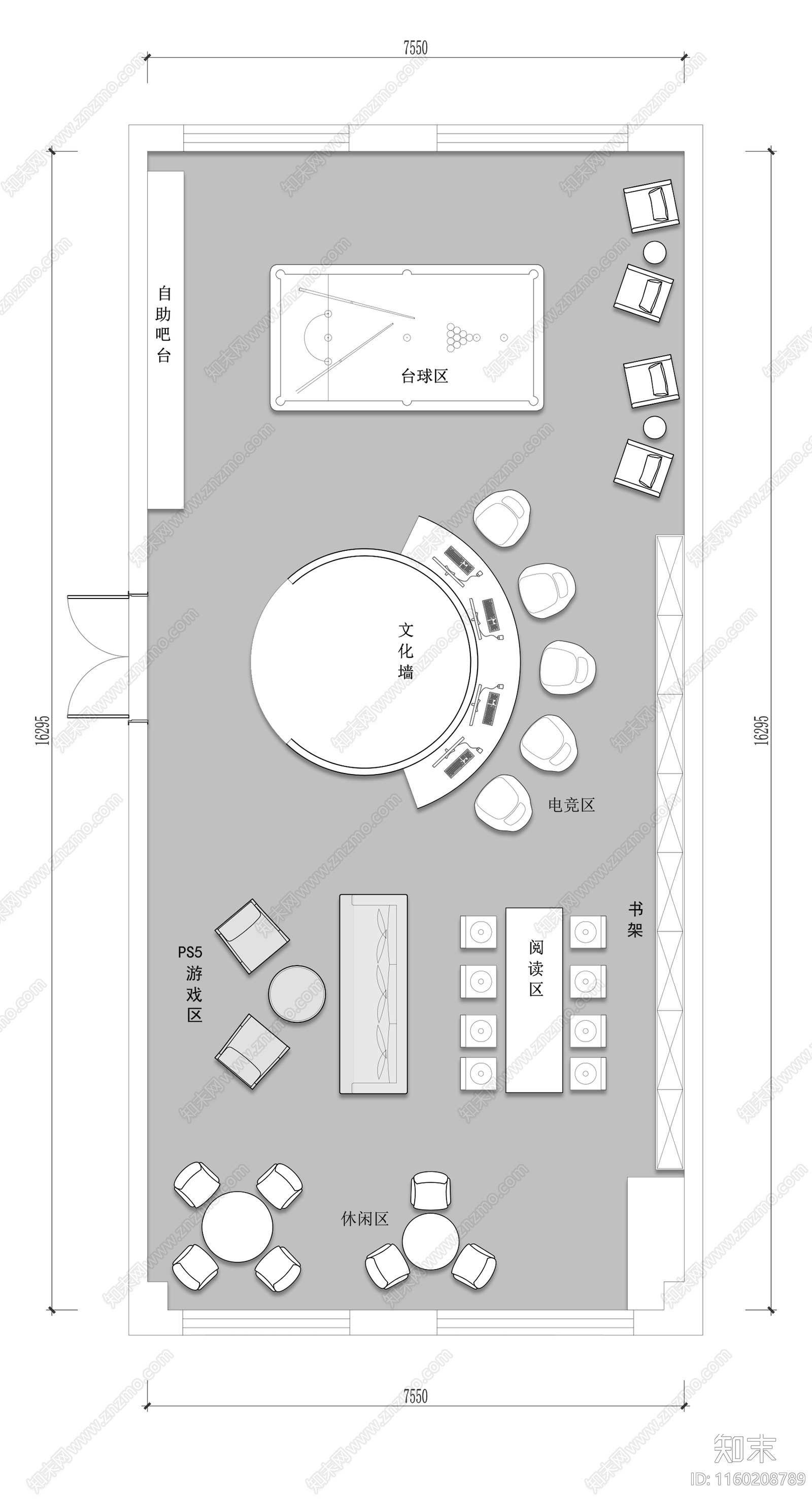 休闲娱乐会所平面图cad施工图下载【ID:1160208789】