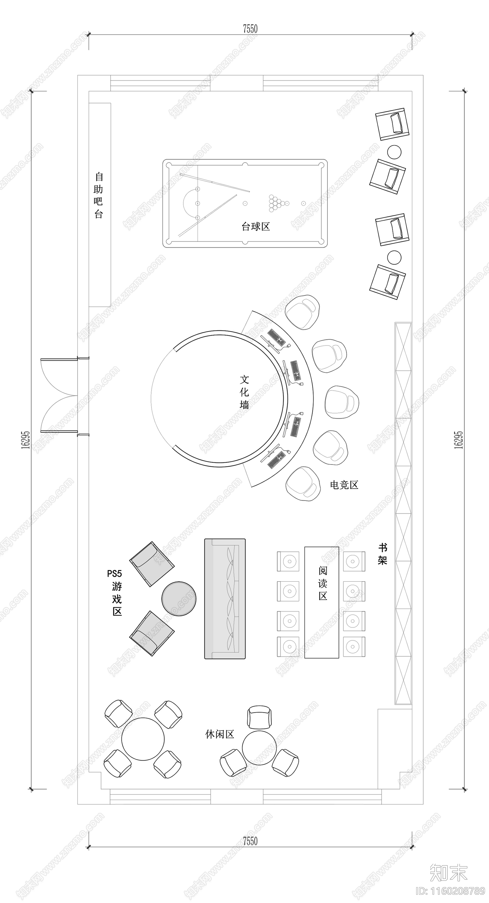 休闲娱乐会所平面图cad施工图下载【ID:1160208789】