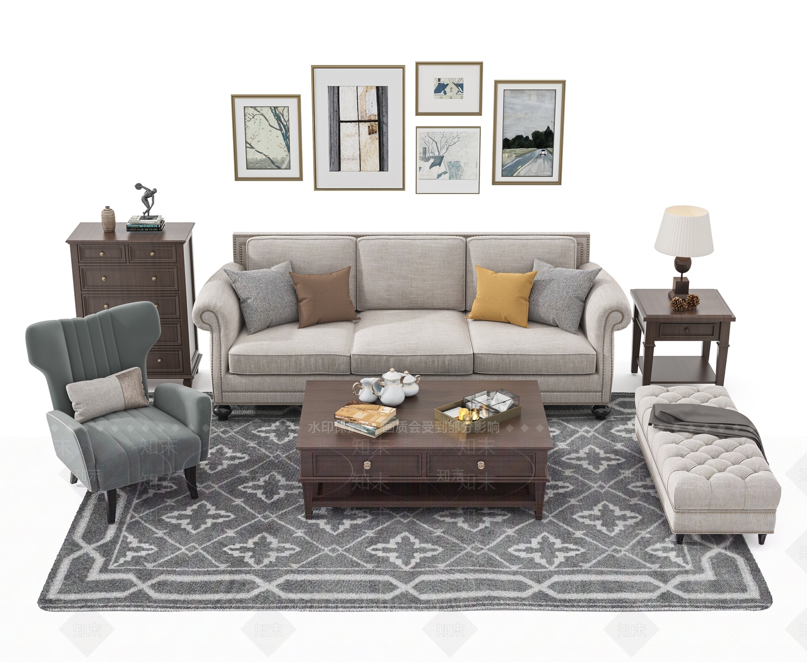 美式沙发茶几组合3D模型下载【ID:1160220544】
