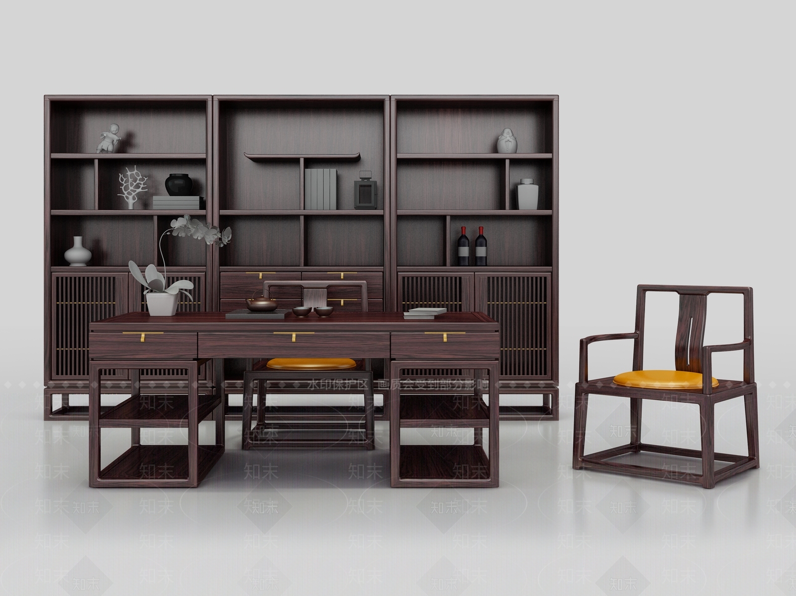 新中式书房大红酸枝交趾黄檀办公椅办公桌书柜3D模型下载【ID:1160228007】