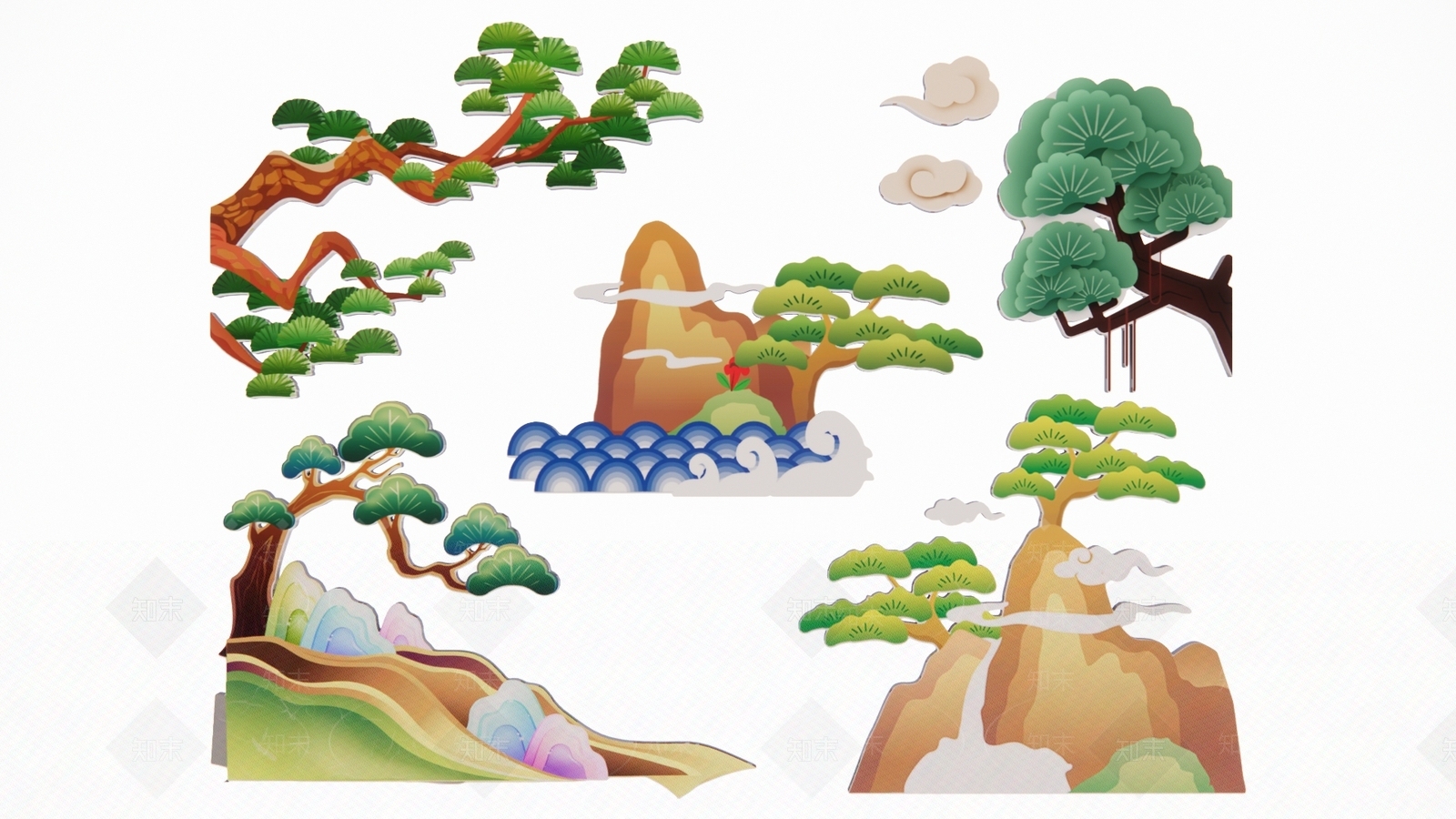 中式松树仙鹤松枝迎客松水墨画剪影3D模型下载【ID:1160228015】