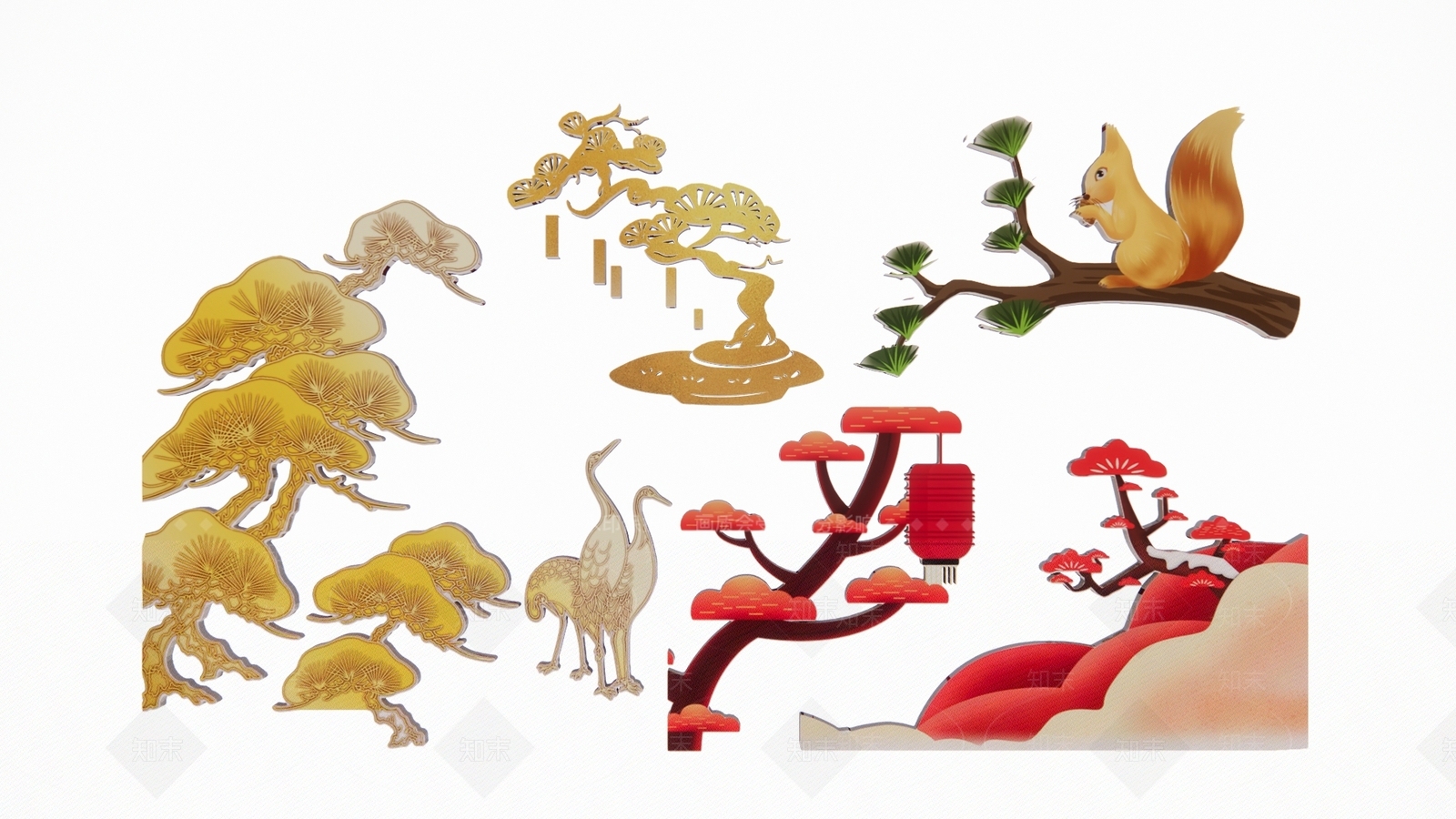 中式松树仙鹤松枝迎客松水墨画剪影3D模型下载【ID:1160228137】