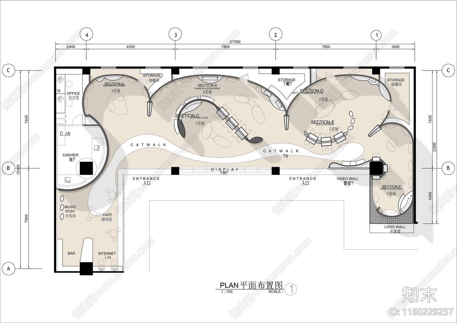 300㎡卖场展厅平面布置图cad施工图下载【ID:1160229257】