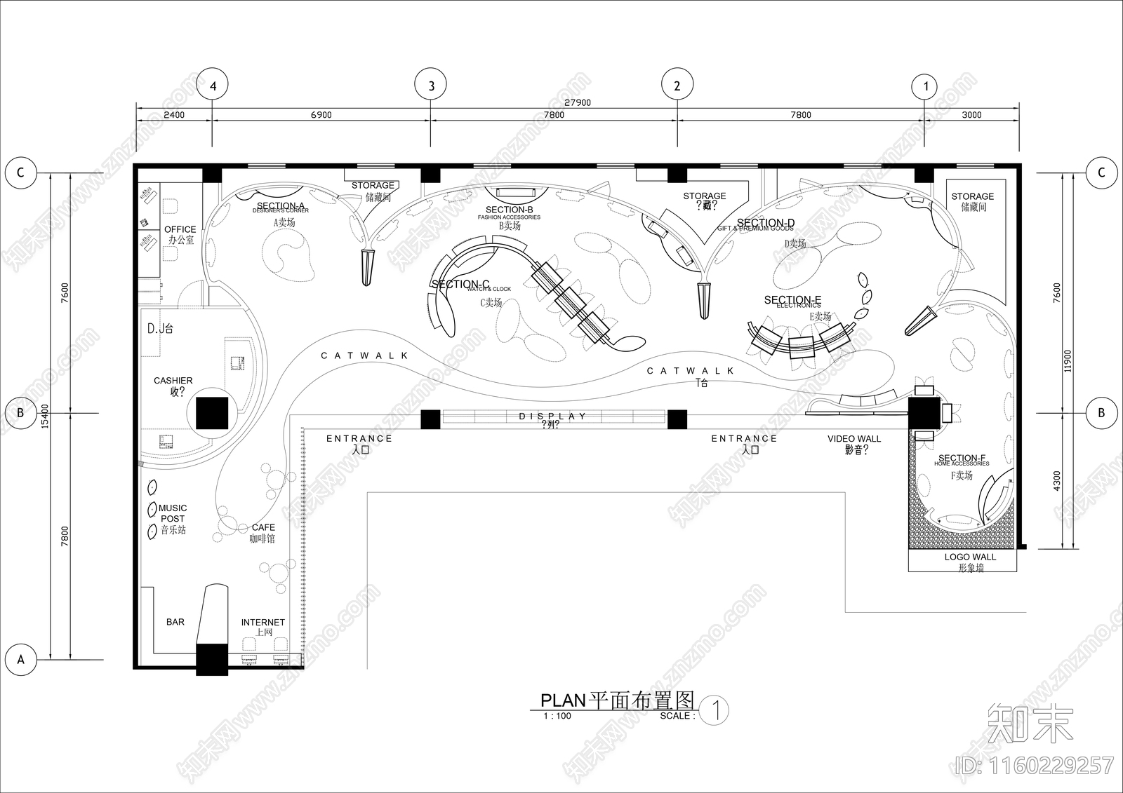 300㎡卖场展厅平面布置图cad施工图下载【ID:1160229257】