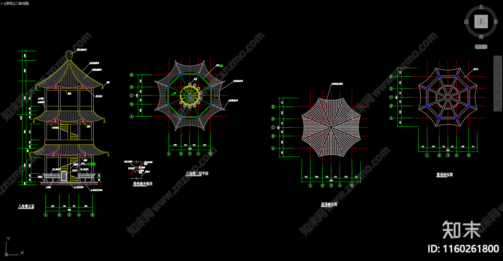 中式三层八角亭平面立面cad施工图下载【ID:1160261800】