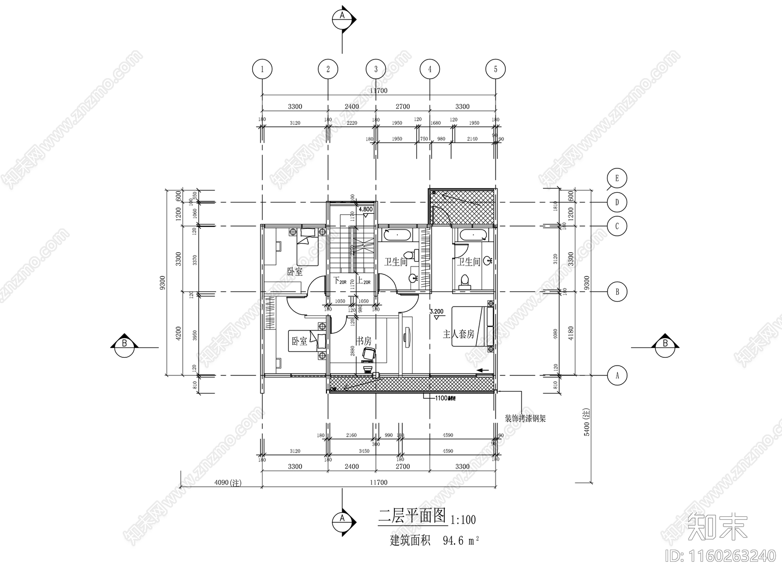 100㎡二层别墅室内平面全施工图下载【ID:1160263240】