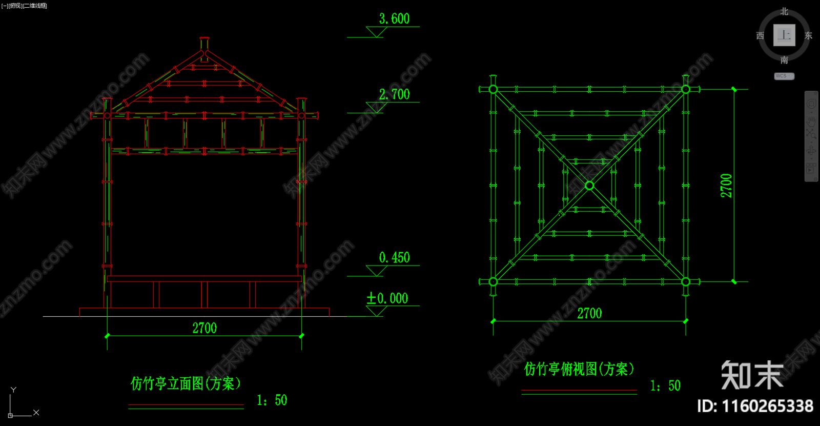 仿竹亭立面图俯视图施工图下载【ID:1160265338】