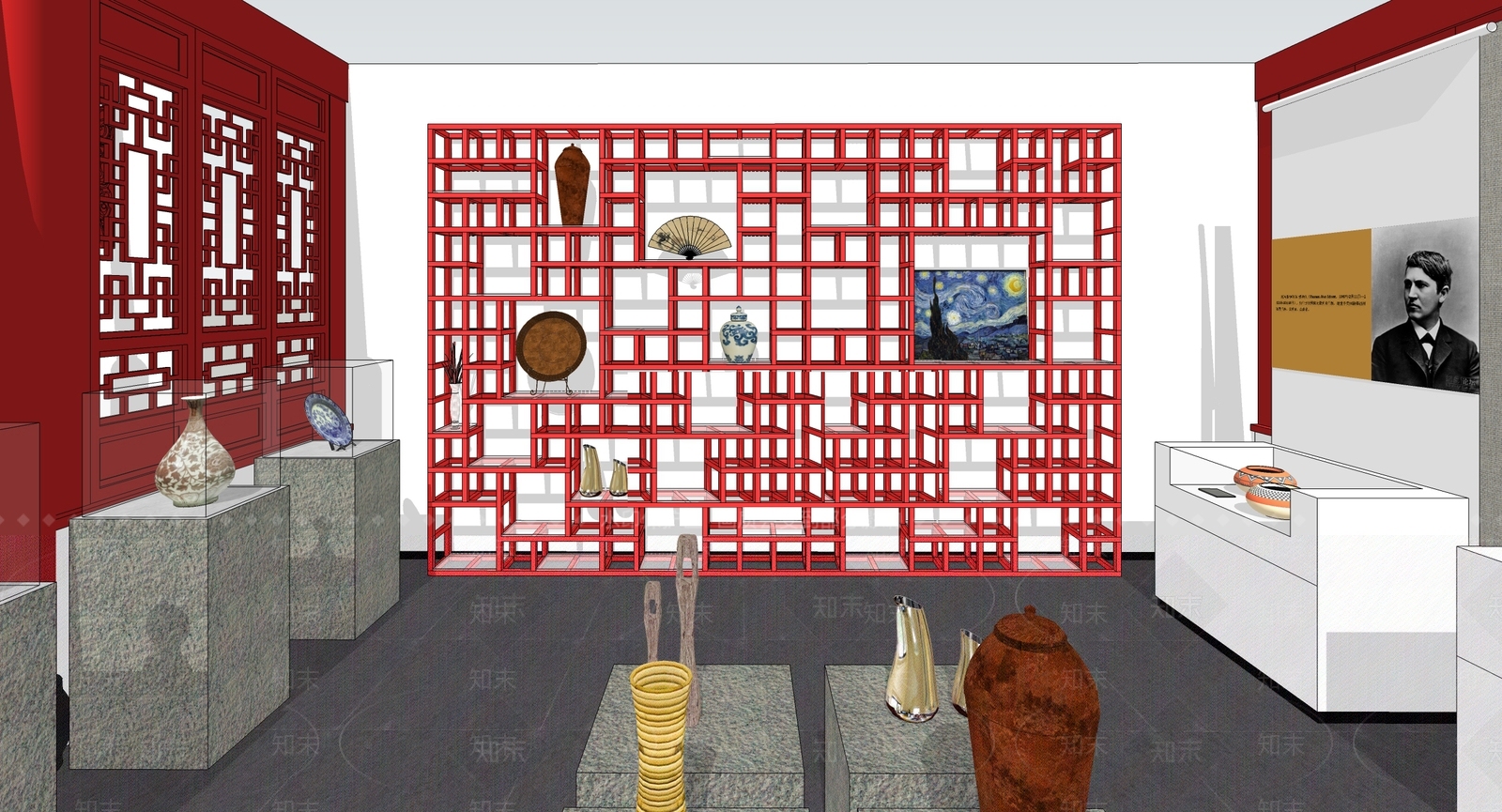 红色中式中国风展厅SU模型下载【ID:1160272904】