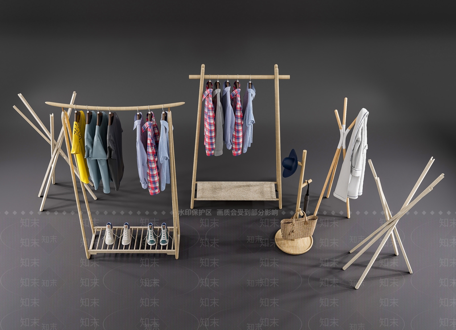新中式落地挂衣架组合服饰3D模型下载【ID:1160273311】