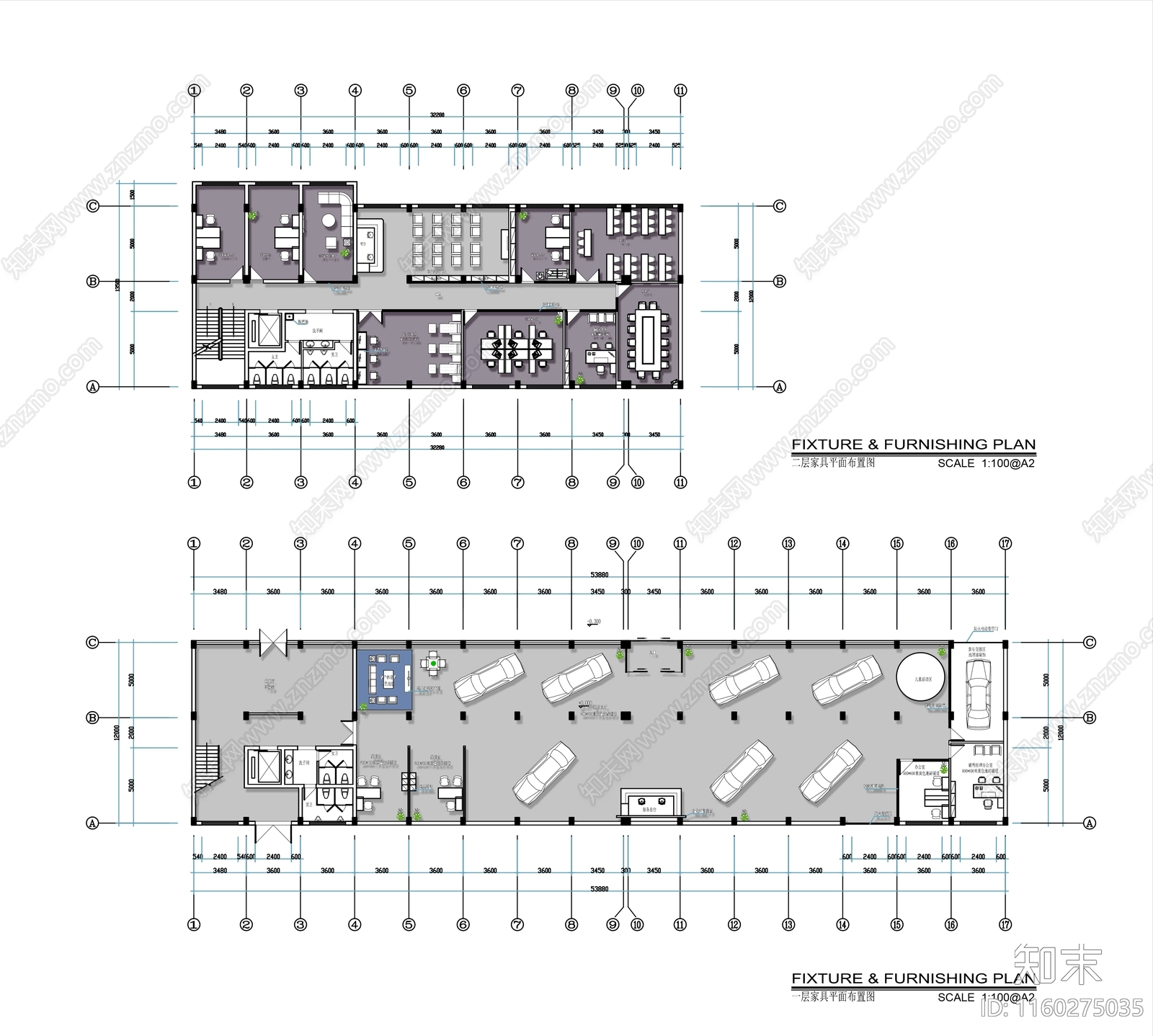 1200㎡两层汽车4S展厅办公室平面布置图施工图下载【ID:1160275035】