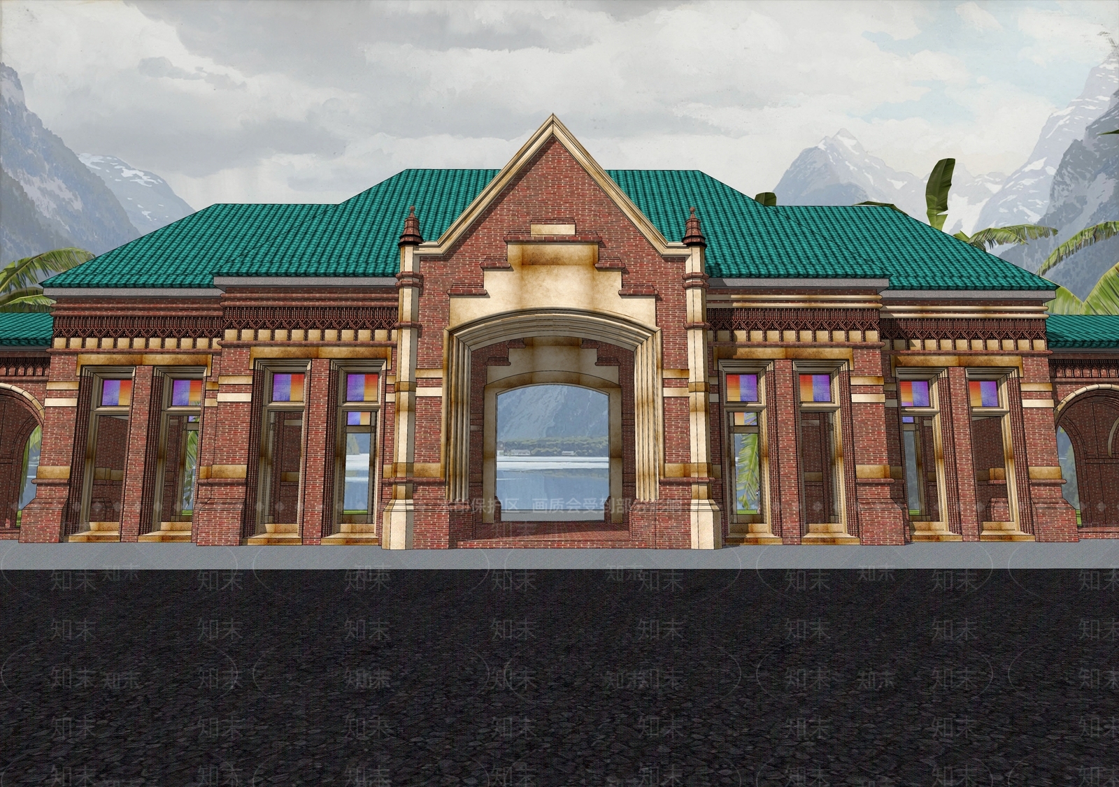 欧式古典红砖廊架连廊SU模型下载【ID:1160276935】