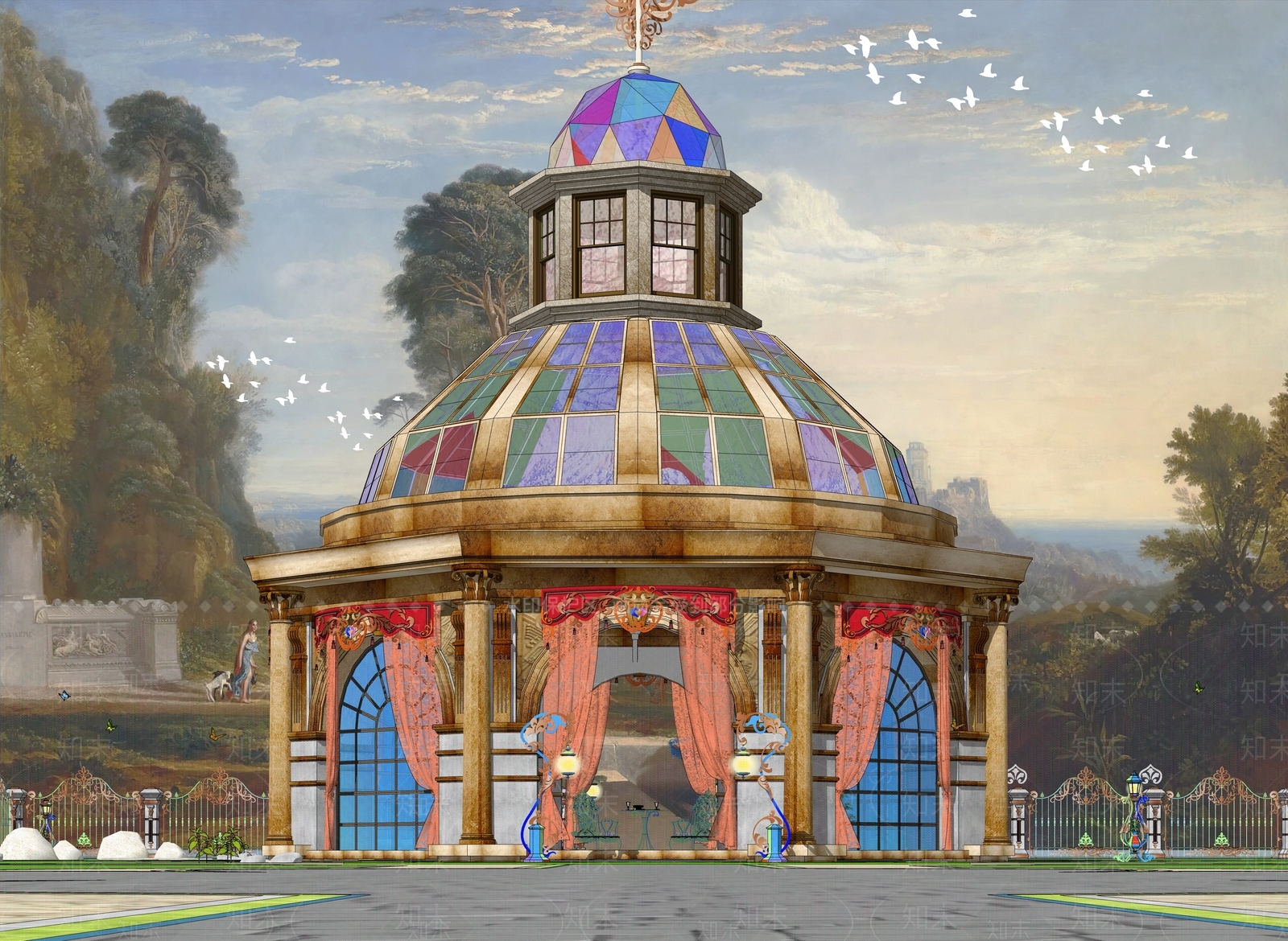 欧式古典庭院廊架亭子SU模型下载【ID:1160277036】