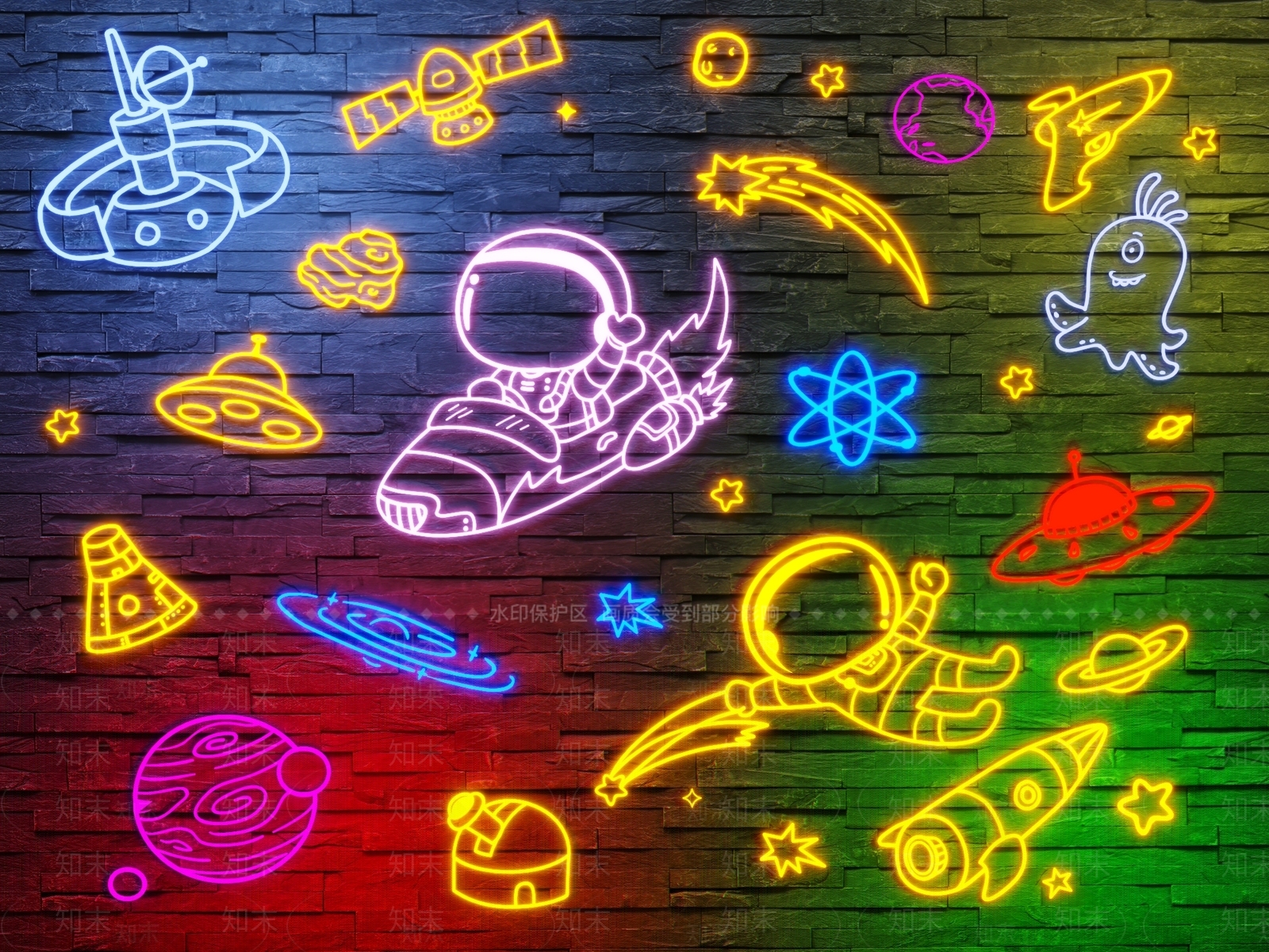 儿童房太空宇航员霓虹灯壁挂小夜灯墙饰挂件3D模型下载【ID:1160277374】