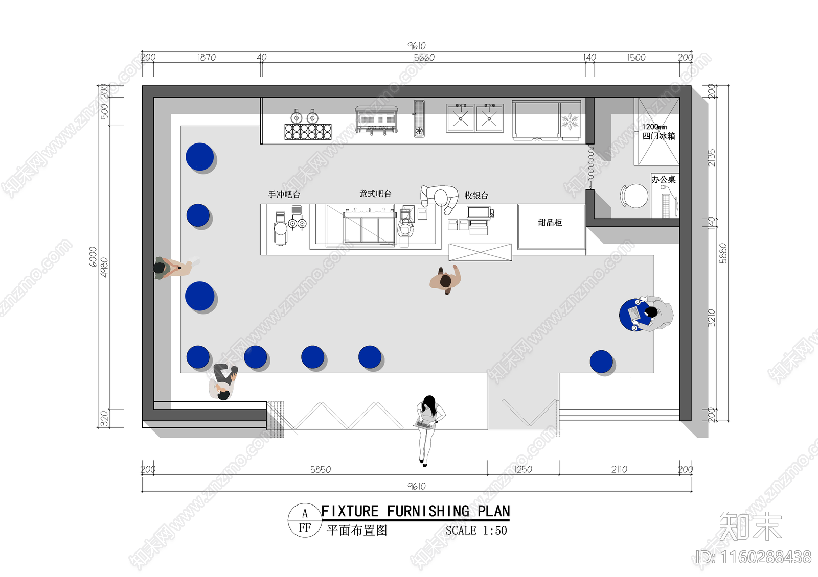 50平米咖啡店平面布置图施工图下载【ID:1160288438】