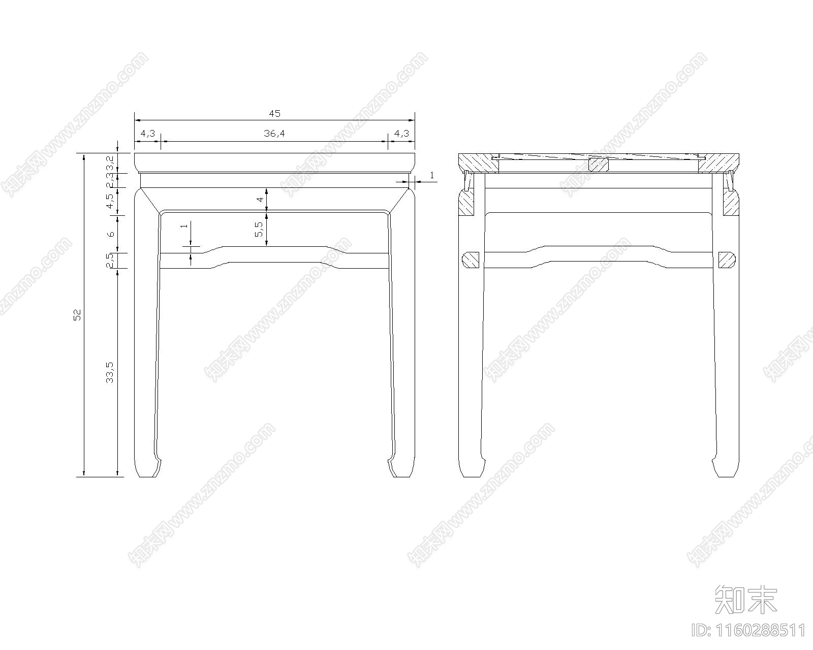 红木束腰马蹄足方凳施工图下载【ID:1160288511】