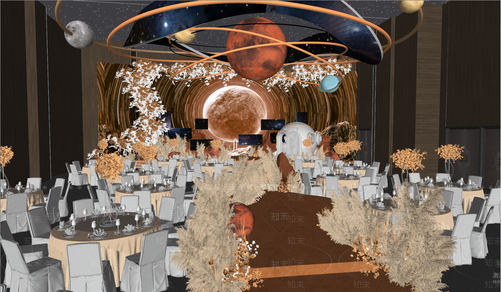 现代火星风主题婚礼宴会厅SU模型下载【ID:1160295168】