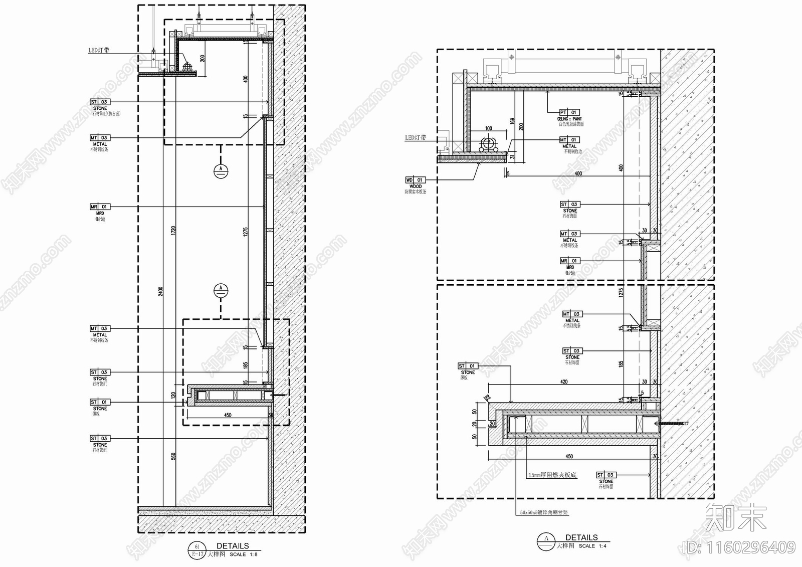 卫生间洗手台化妆台镜面施工详图cad施工图下载【ID:1160296409】