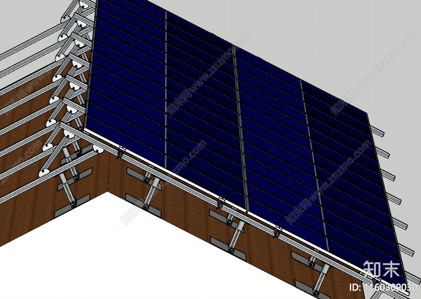 户用光伏斜屋面光伏组件和支架单坡安装图SU模型下载【ID:1160309030】
