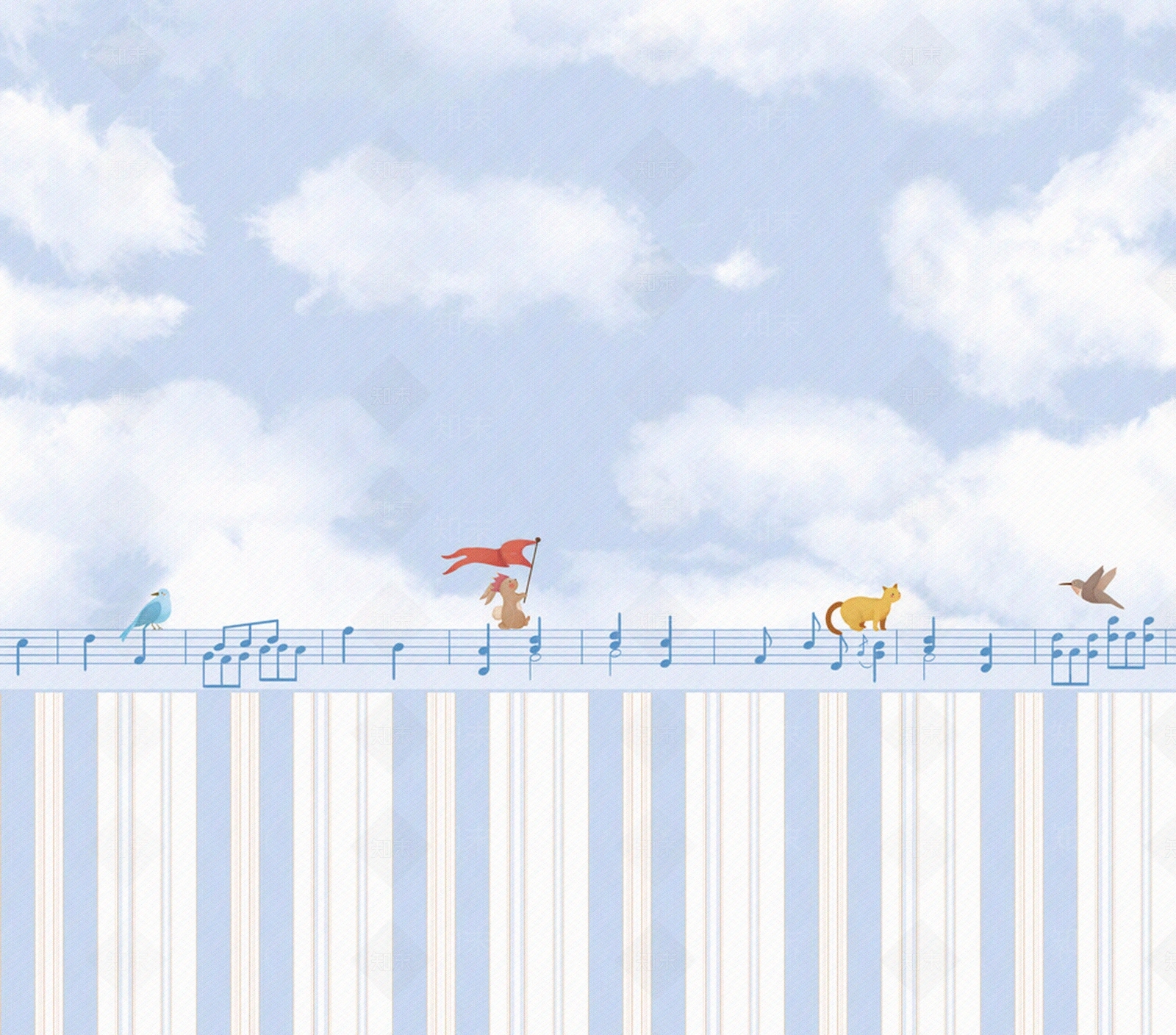 儿童房蓝色音符壁布贴图下载【ID:1160312053】