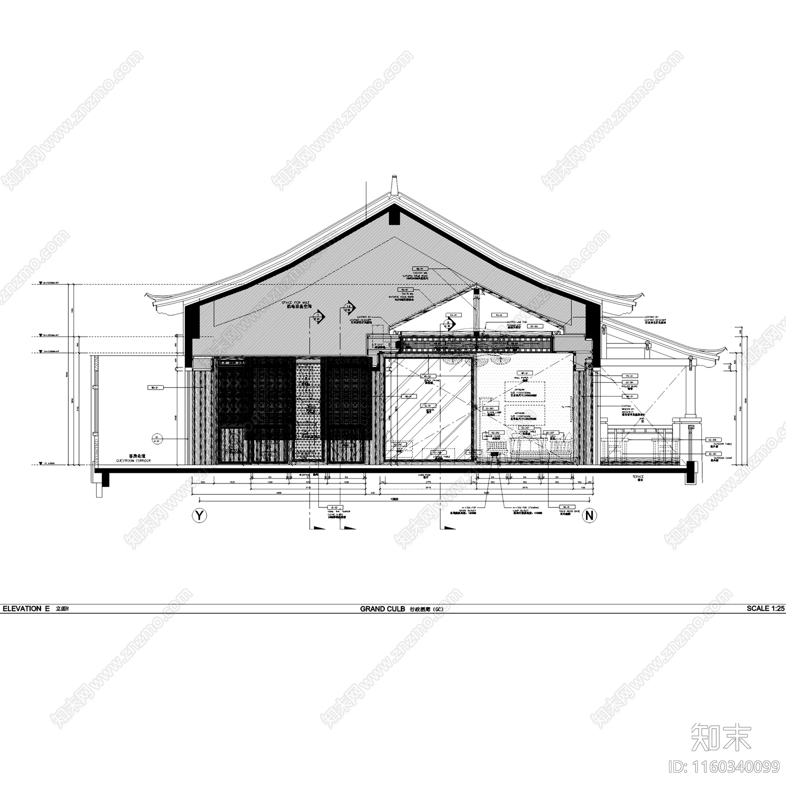 中式丽江君悦城市酒店行政酒廊室内工装cad施工图下载【ID:1160340099】