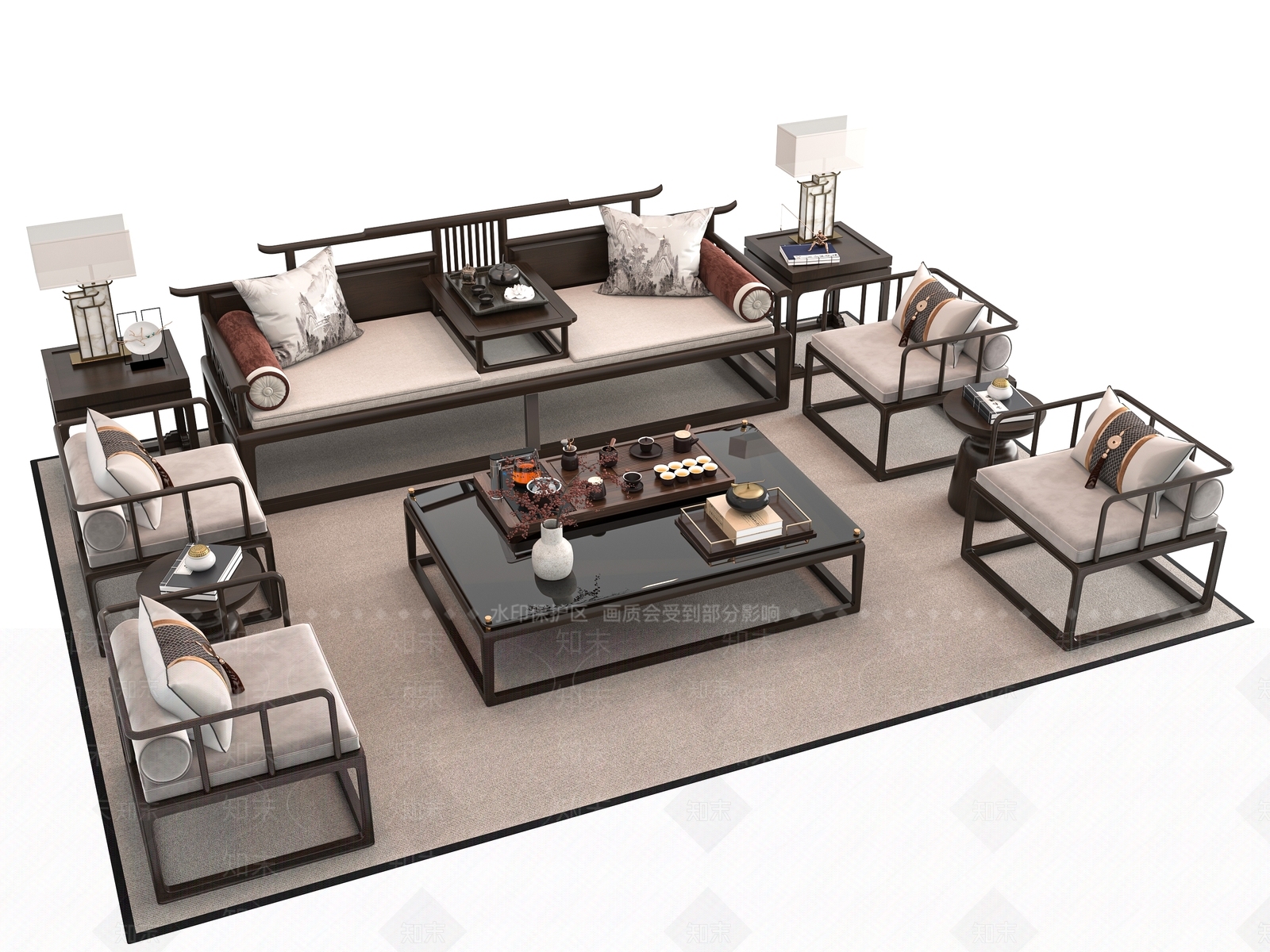 新中式沙发茶几组合3D模型下载【ID:1160342675】