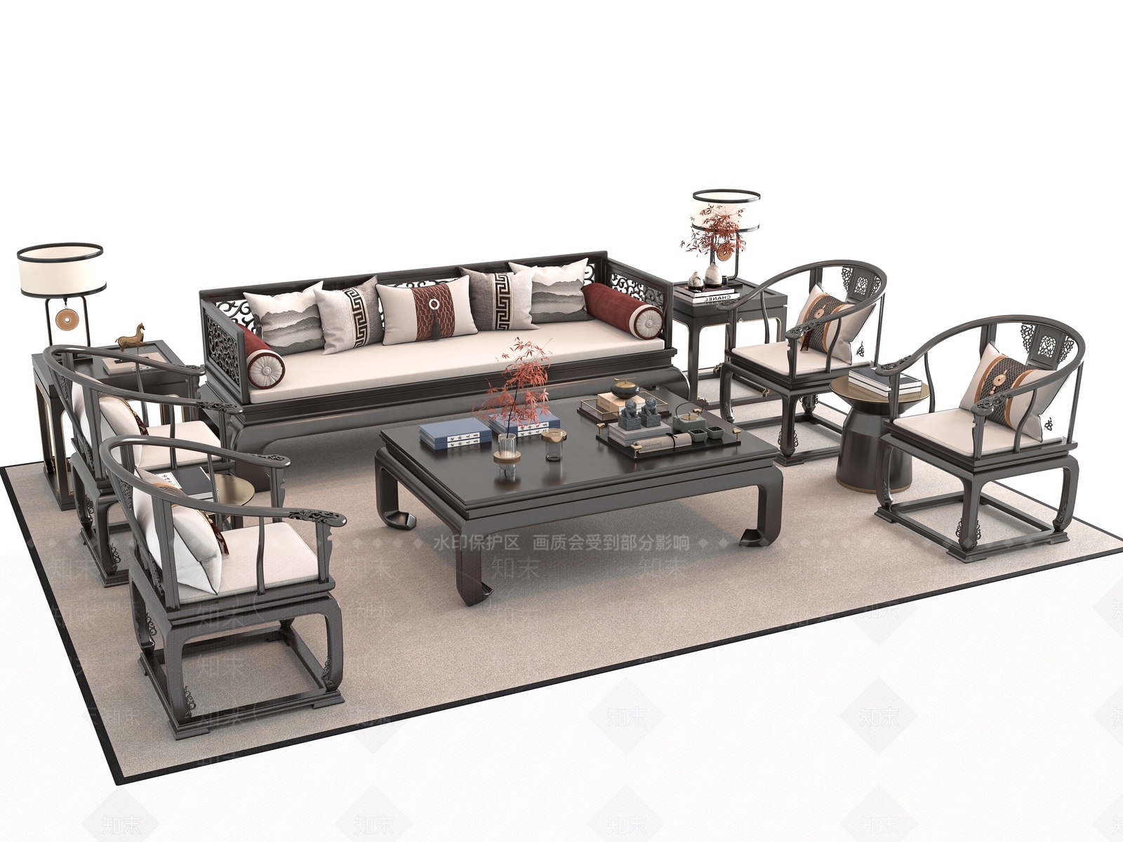 中式沙发茶几组合3D模型下载【ID:1160343441】