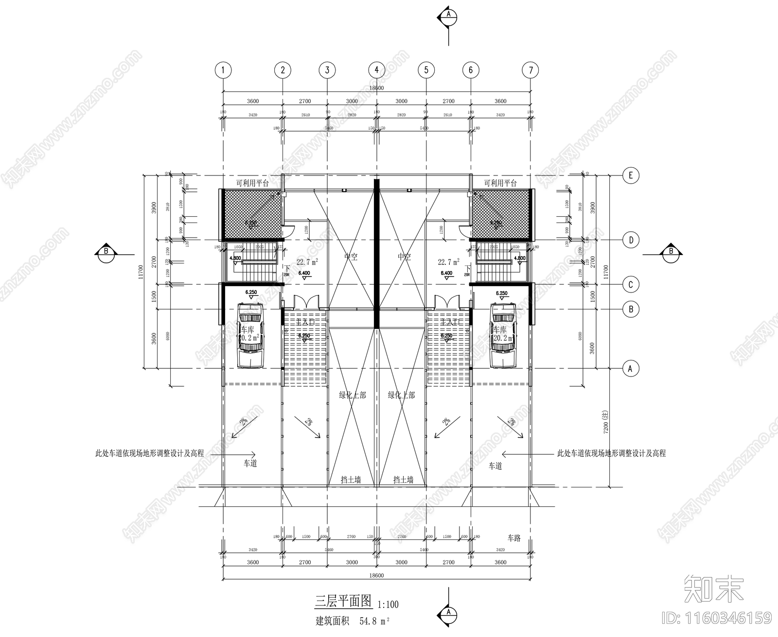 3层联排别墅平面户型图CAcad施工图下载【ID:1160346159】