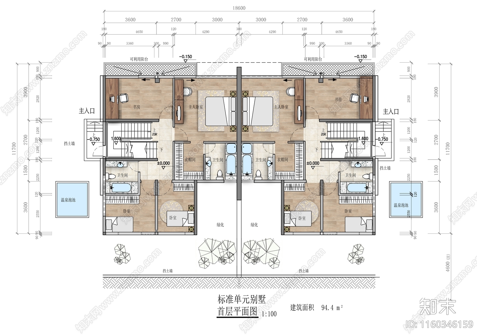 3层联排别墅平面户型图CAcad施工图下载【ID:1160346159】