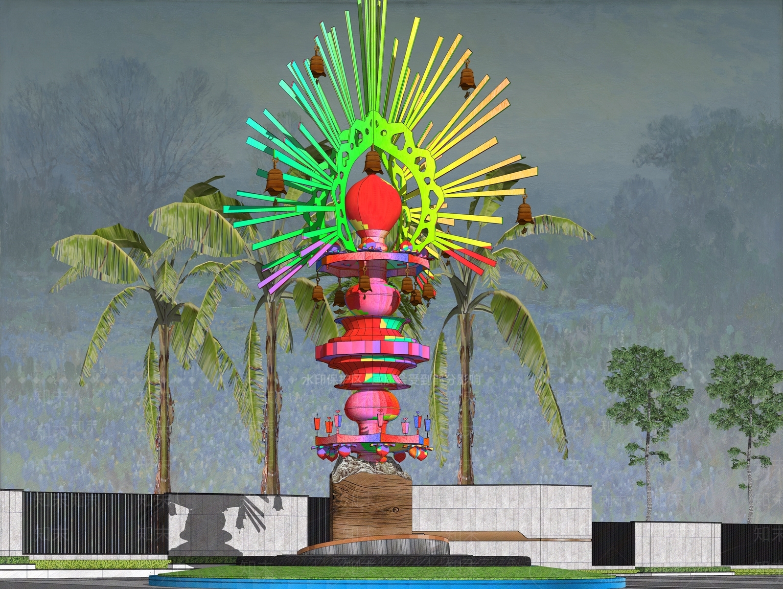 中式佛光宗教主题雕塑小品SU模型下载【ID:1160346696】