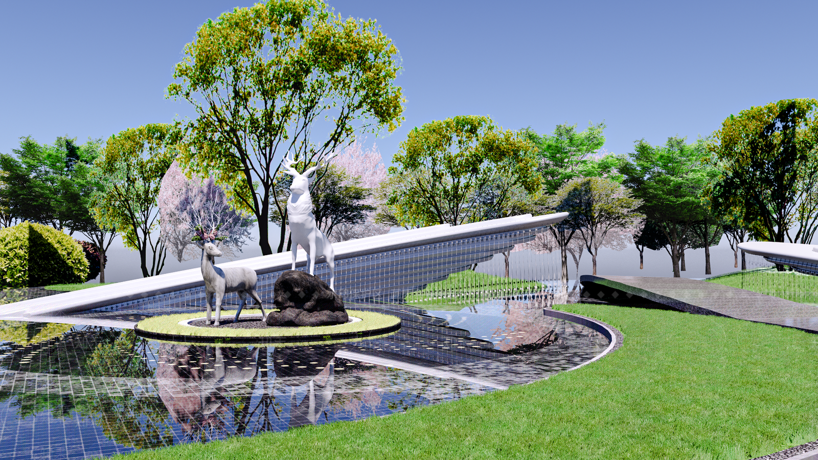 现代水景鹿雕塑景观小品SU模型下载【ID:1160380496】