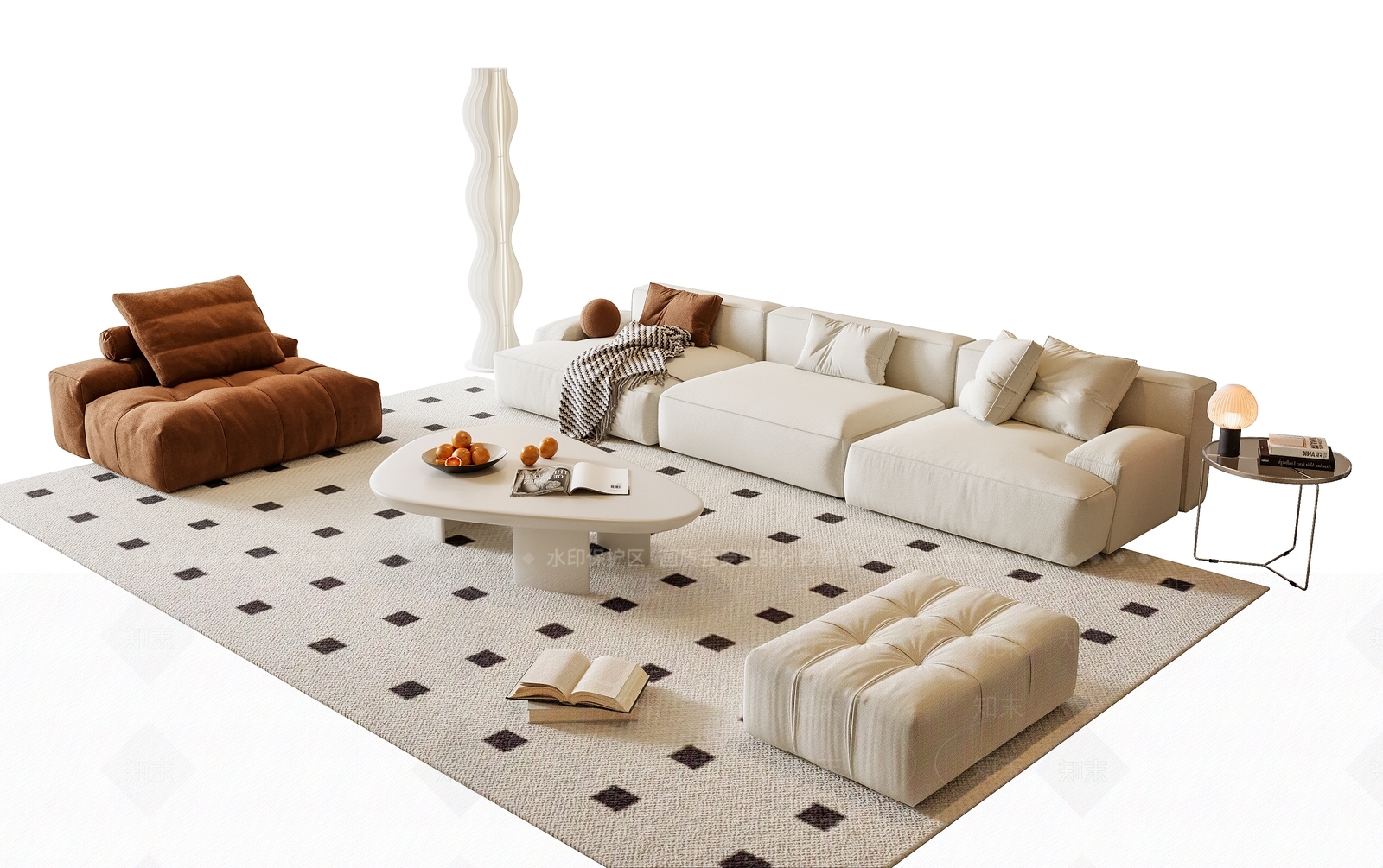 现代奶油风沙发茶几组合3D模型下载【ID:1160413153】