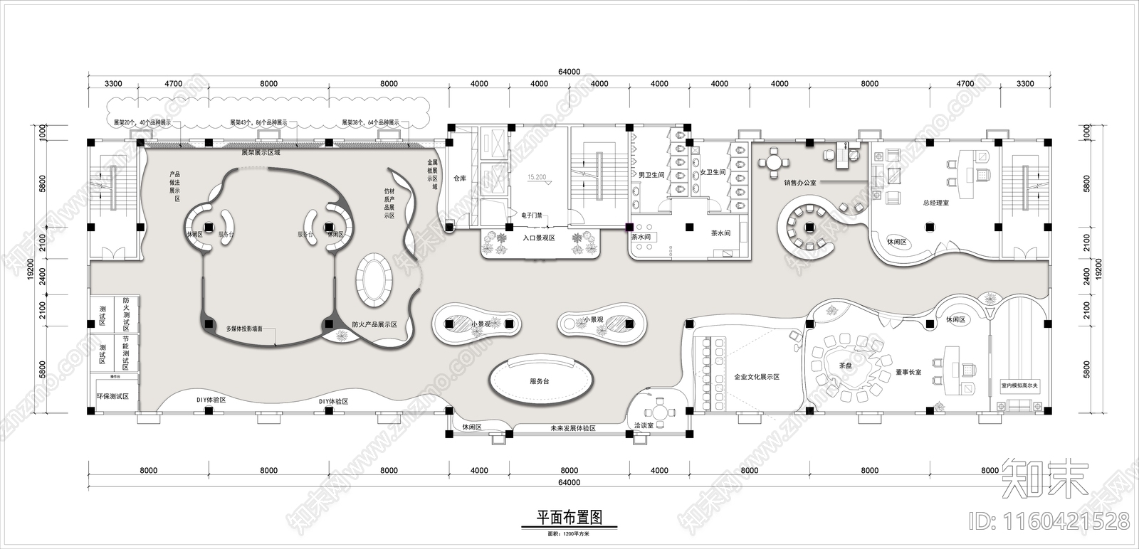 1200平米工业材料展厅平面布置图cad施工图下载【ID:1160421528】