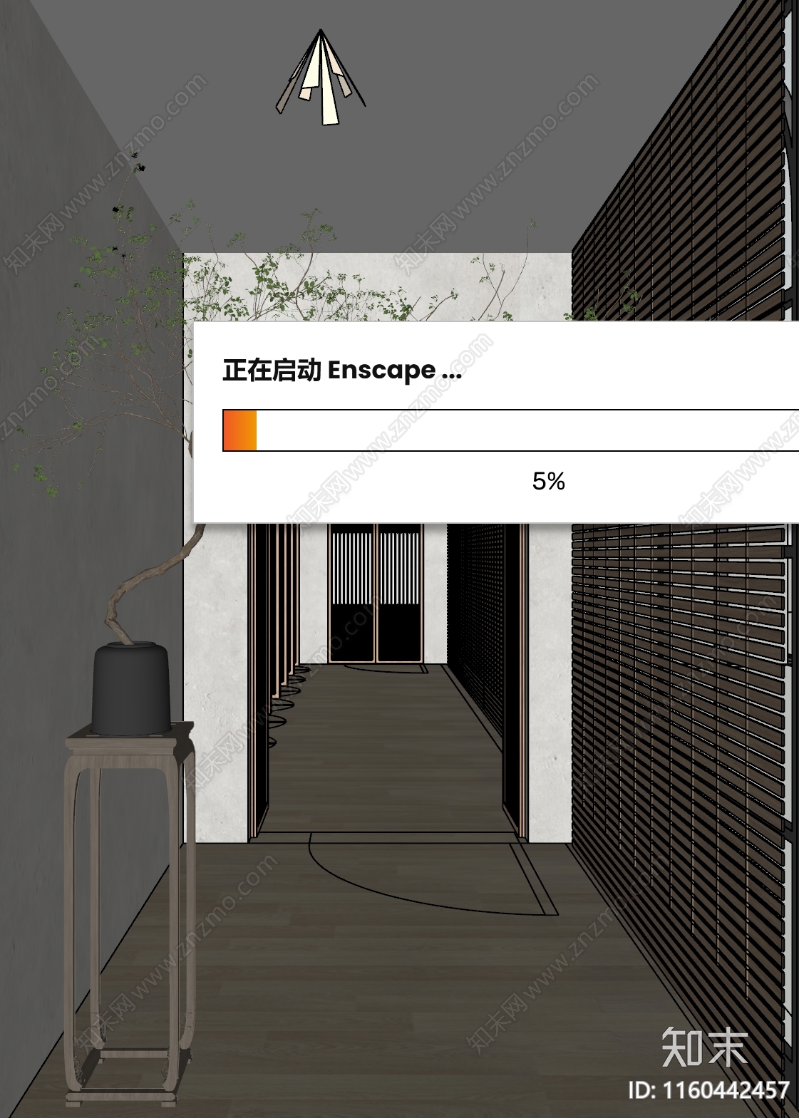 新中式禅修禅意茶馆入口走廊SU模型下载【ID:1160442457】